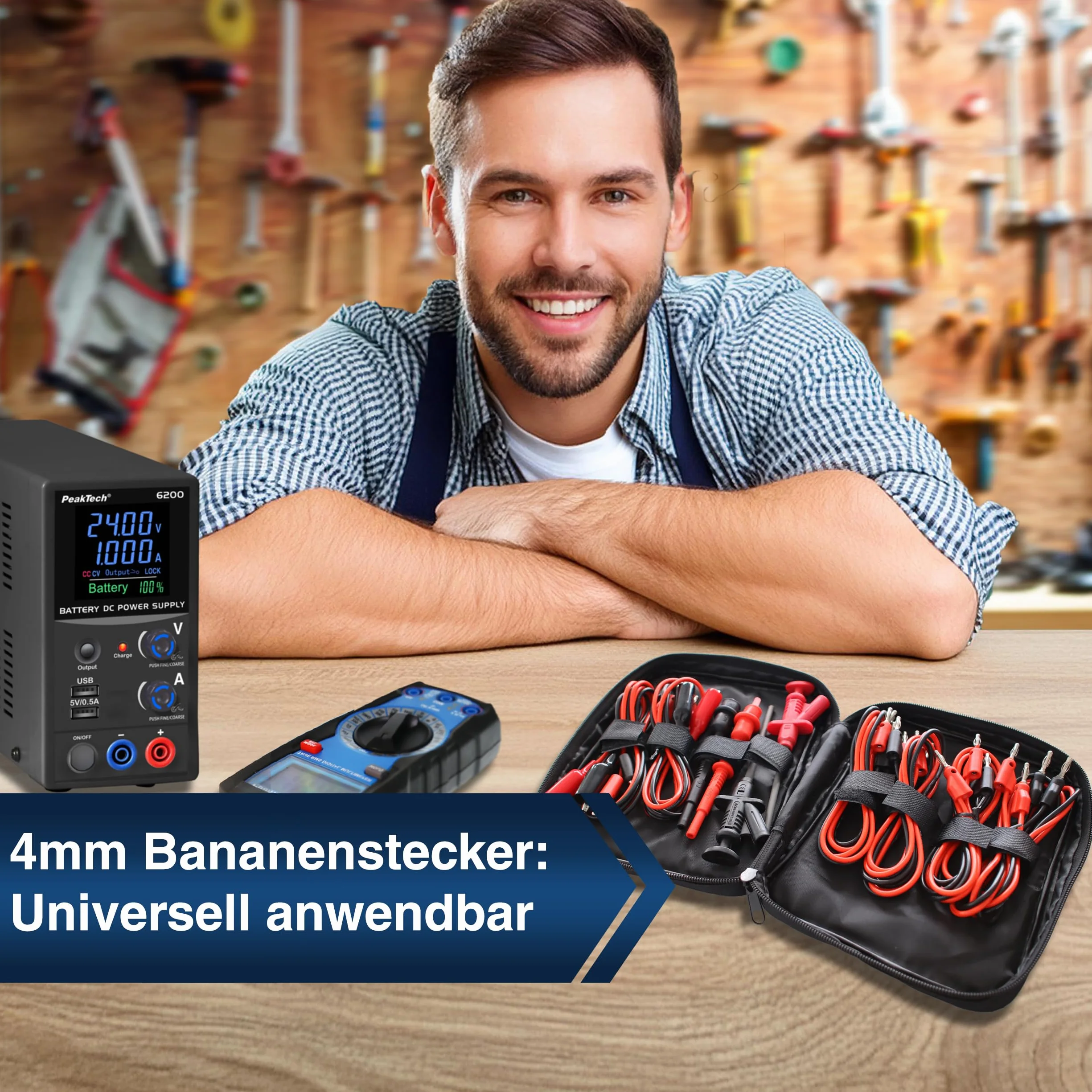PeakTech, P 8201, Juego de cables de medición de 19 piezas para fuente de alimentación de laboratorio y multímetro, Con puntas de prueba, cable con conector banana, pinzas cocodrilo