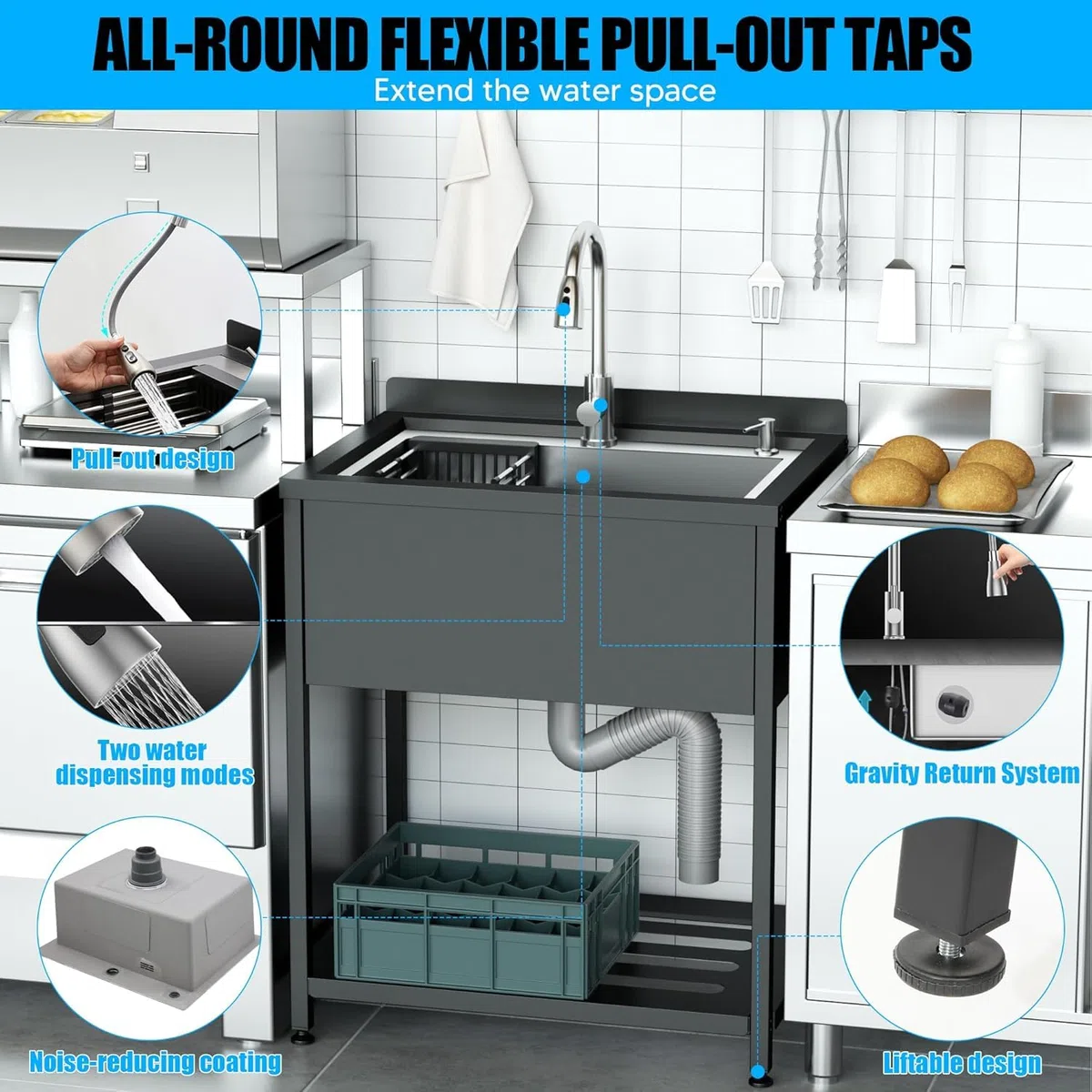 Fregadero de acero inoxidable de cocina, 1 bandeja profesional, 78 x 56 x 100 cm, independiente con grifo y accesorios, fregadero exterior e interior, inmersión de acero inoxidable para cocina