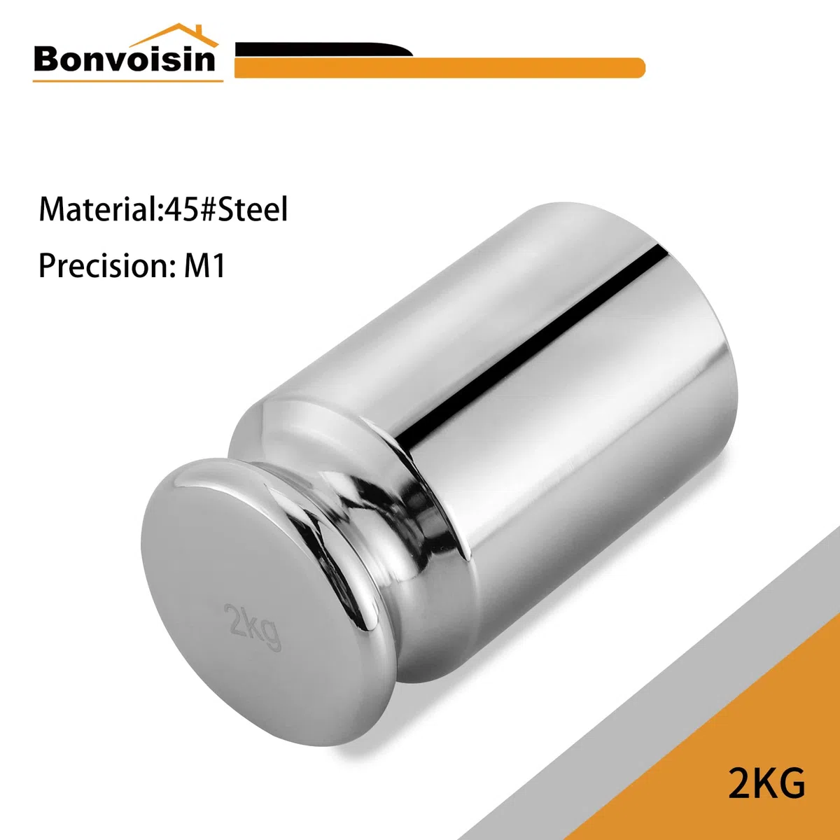 Bonvoisin Peso de calibración de 2 kg/4400 lb para báscula digital, clase M1, acero al carbono, acabado cromado (2000 g)