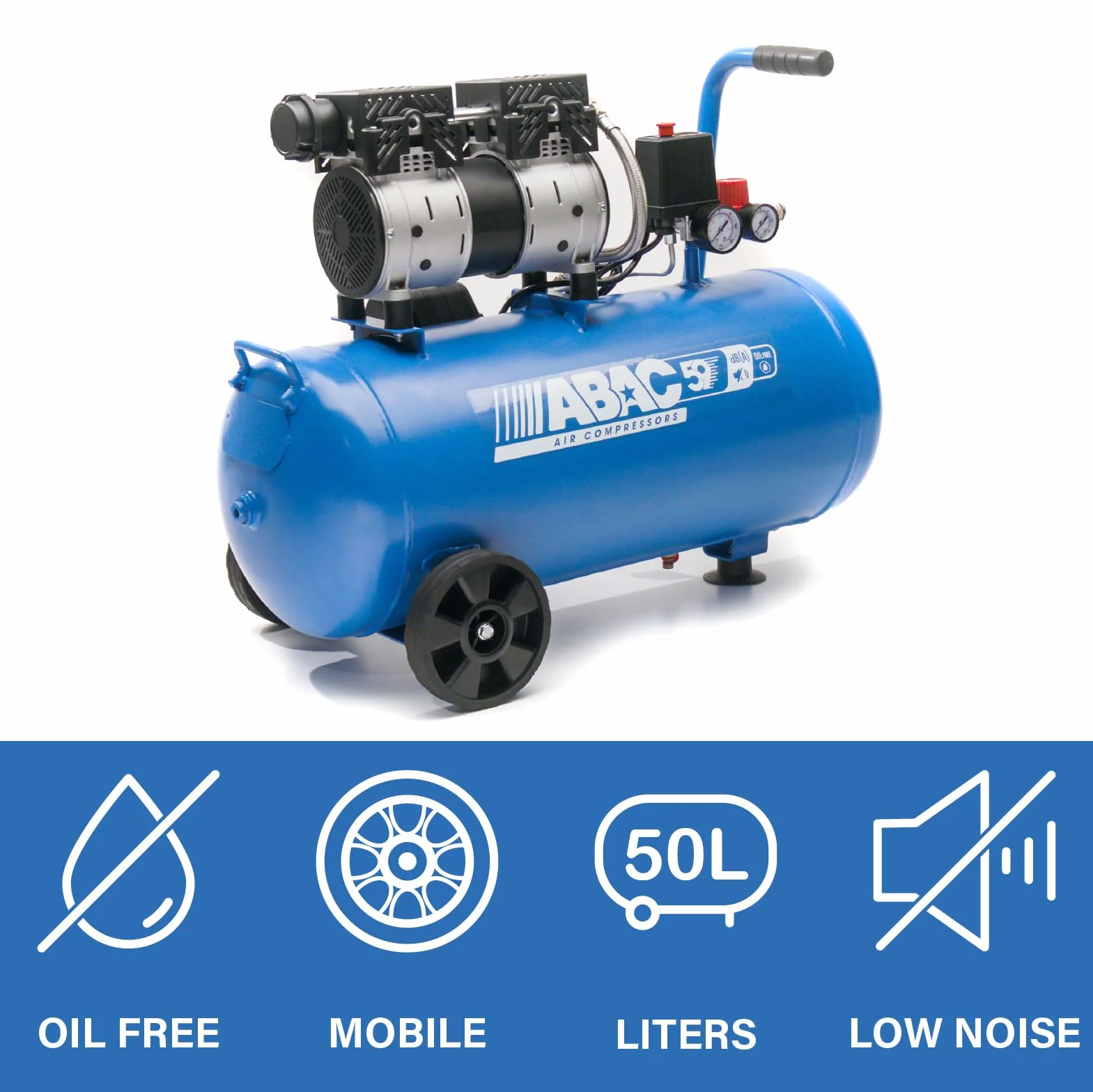 Compresor de aire silencioso ABAC EASE-AIR 50, compresor de aire sin aceite, presión máxima 8 bar, potencia 1 hp, Depósito 50 litros, Nivel sonoro 59 dB