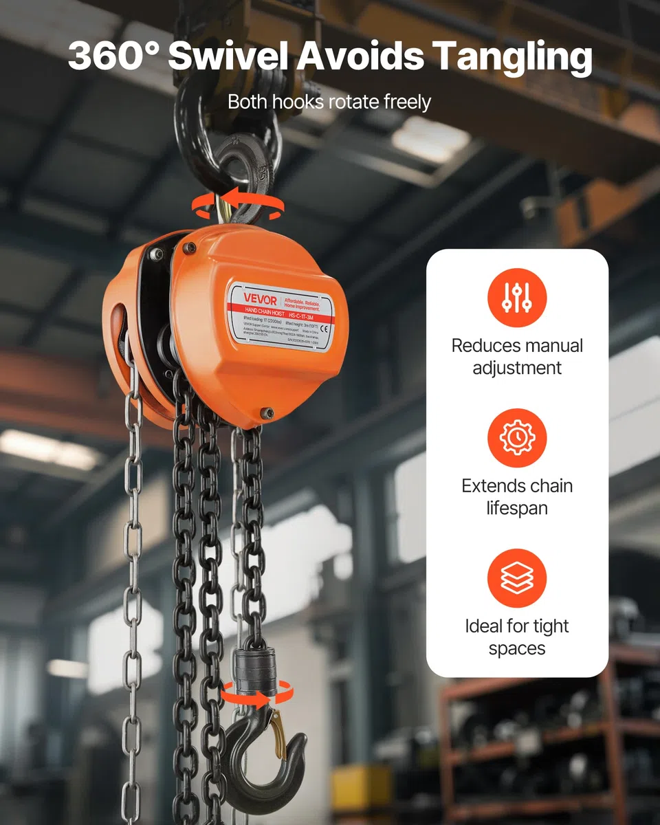 VEVOR Polipasto de Cadena Manual, Polipasto de Polea Resistente con Cadena Galvanizada G80 Mejorada, Altura de Elevación de 3 m Carga de 1 T para Garaje, Almacén y Maquinaria Automotriz, Naranja