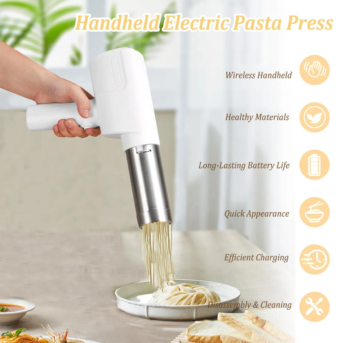 Máquina de pasta eléctrica portátil, 40 W, máquina de pasta eléctrica de mano, con 5 formas de pasta, recargable, máquina de pasta de acero inoxidable para espaguetis, fettuccine