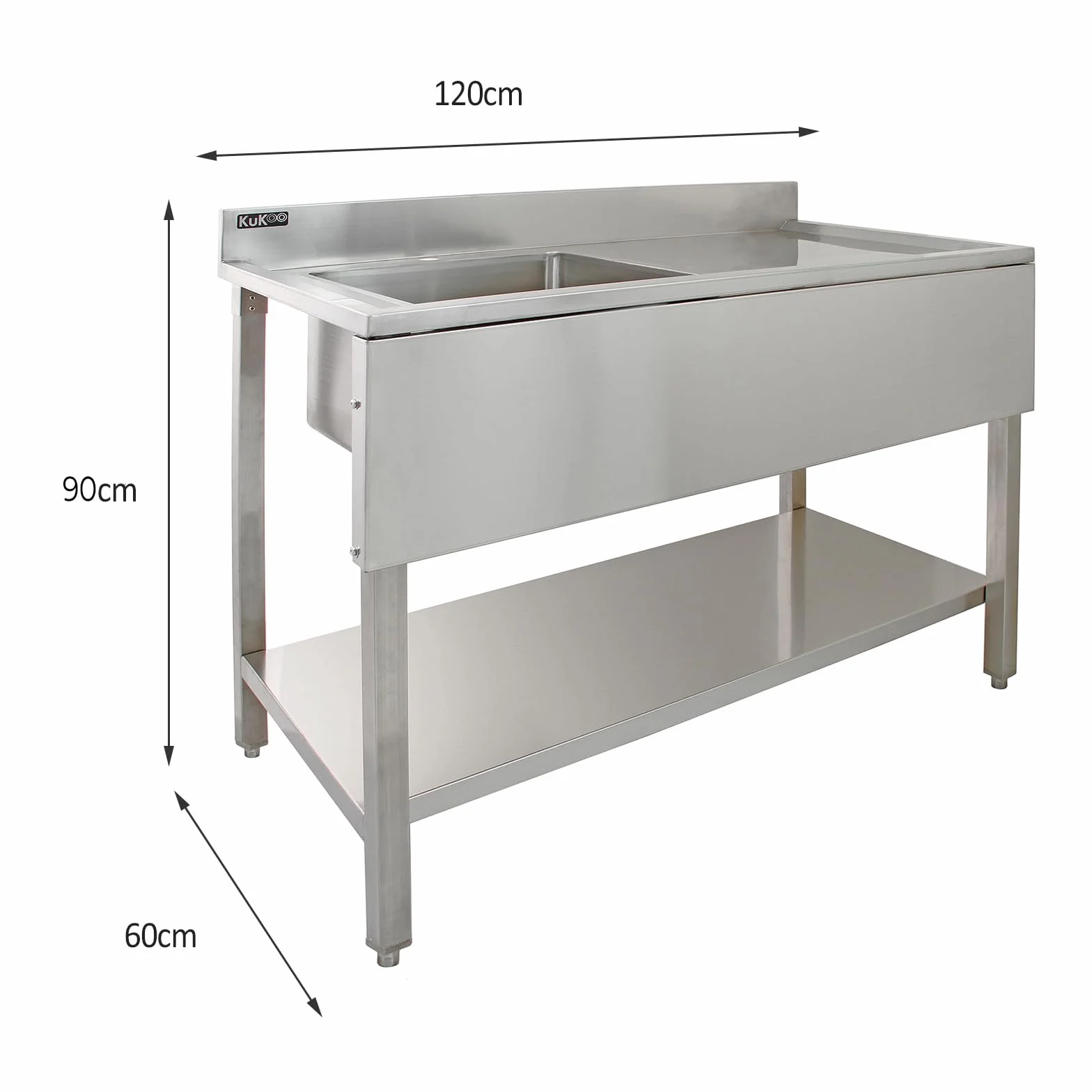 KuKoo Fregadero de Cocina 1 Seno Acero Inoxidable 90x120x60cm Escurridor Derecha Lavabo Comercial Profesional