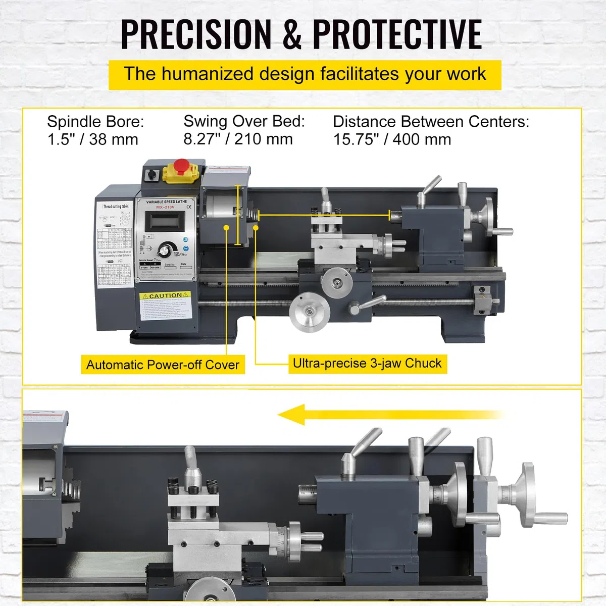 VEVOR Torno de Metal 210x400 mm Mini Torno de Madera Pantalla Digital Velocidad Variable 50-2500 rpm Kit de Torno Electrónico Fresas Portabrocas Herramientas de Medición para Trabajos de Precisión
