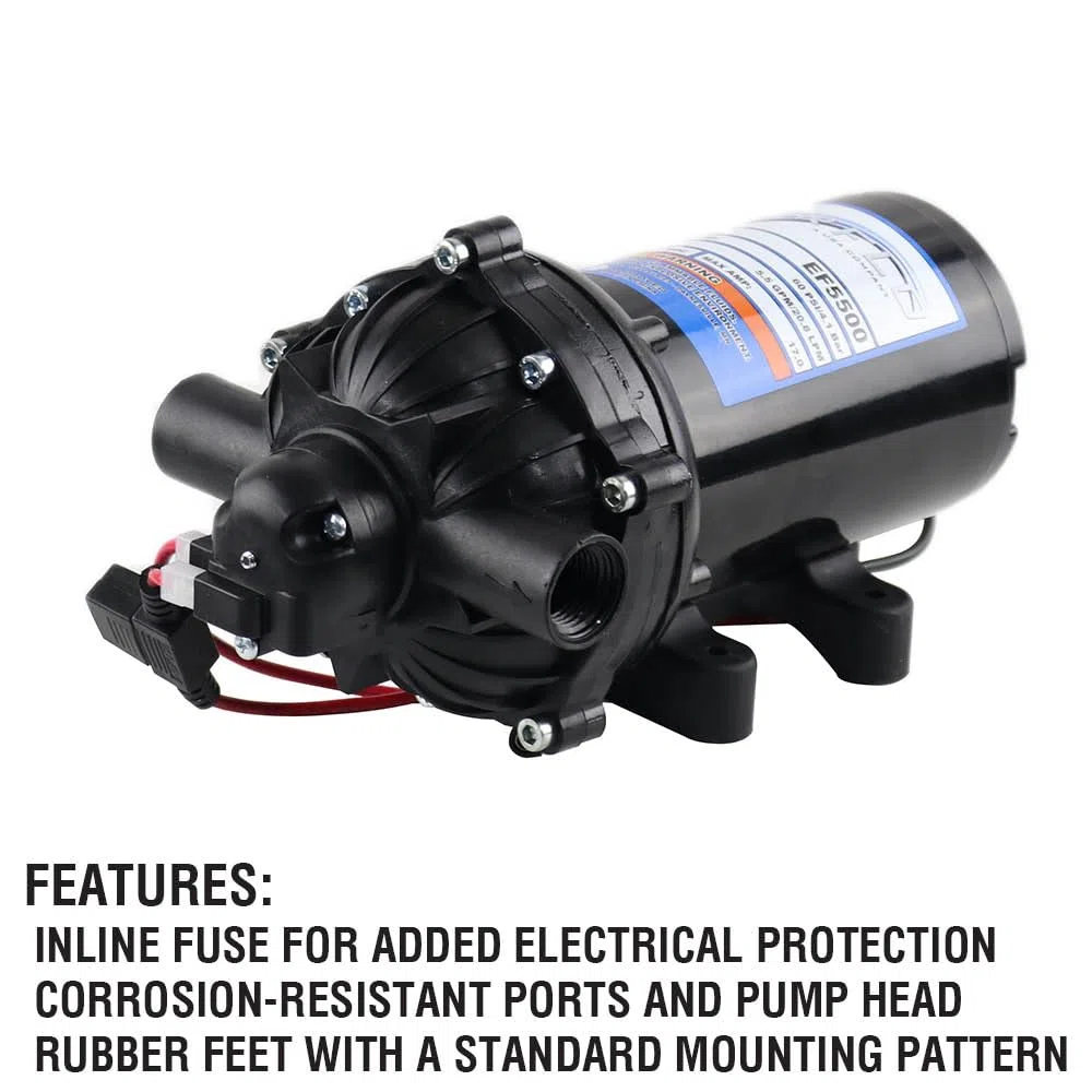 Everflo EF5500-BOX 5.5GPM 12V Bomba de diafragma-1/2 conexión FNPT, 5.5 GPM, negro
