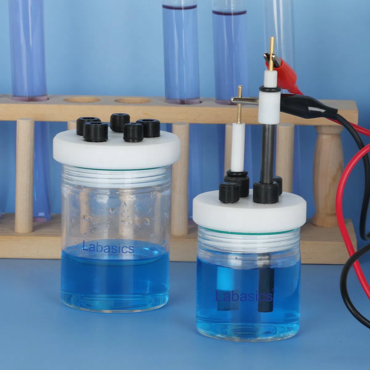 Labasics Celda Electrolítica, Celda Electroquímica Sellada de Borosilicato de Cámara Única con Kit de Reactor Electrolizador Y Tapa de PTFE de 5 Orificios, 100 ml