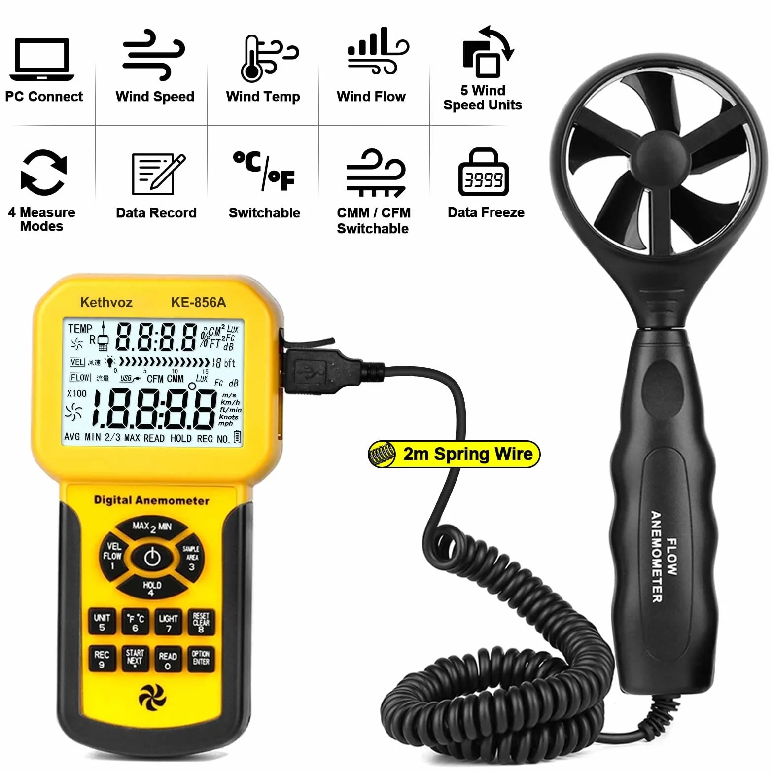 Kethvoz Anemómetro HVAC Medidor de Viento, CFM Meter Flujo Aire Velocidad Metro Industrial Anemometer Wind Speed Logger PC USB Connectable, Test Air Flow Volume Velocity Temperature