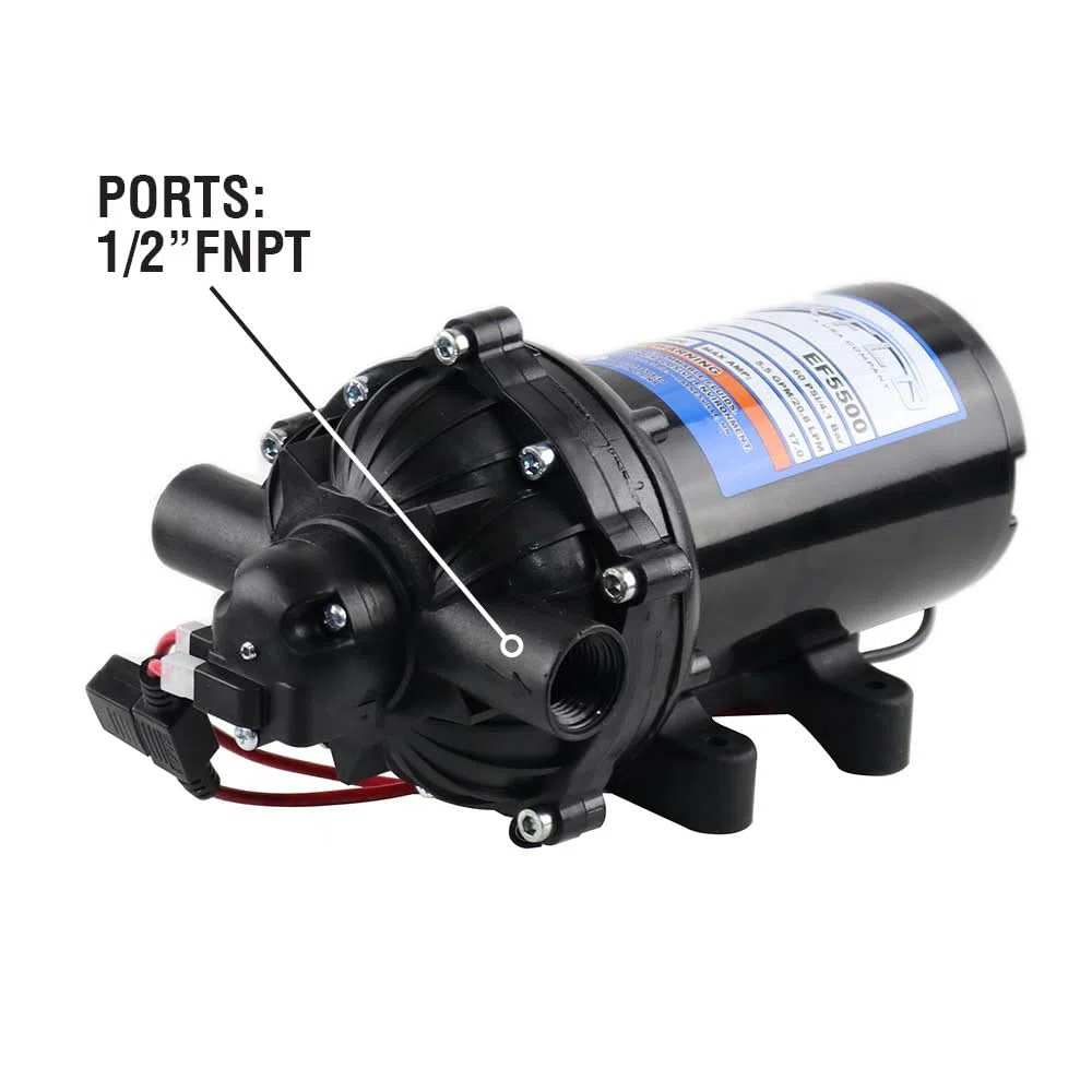 Everflo EF5500-BOX 5.5GPM 12V Bomba de diafragma-1/2 conexión FNPT, 5.5 GPM, negro
