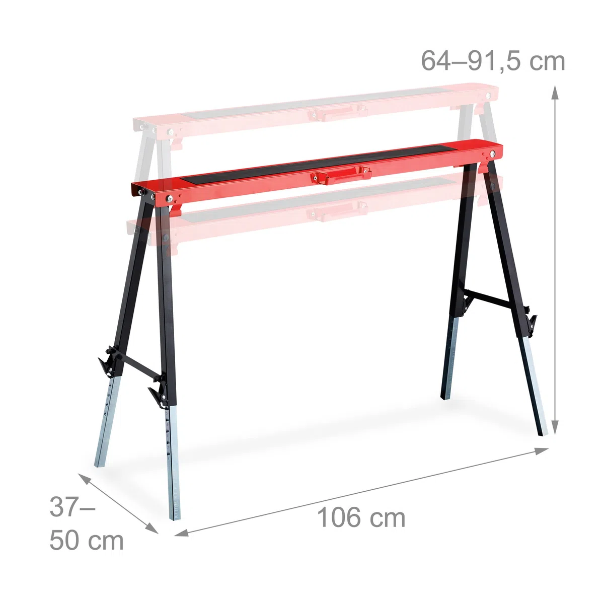 Relaxdays Caballete Trabajo, Set de 2, Altura Ajustable 12 Niveles, Carga hasta 150 kg, Plegable, Asa Transporte, Rojo