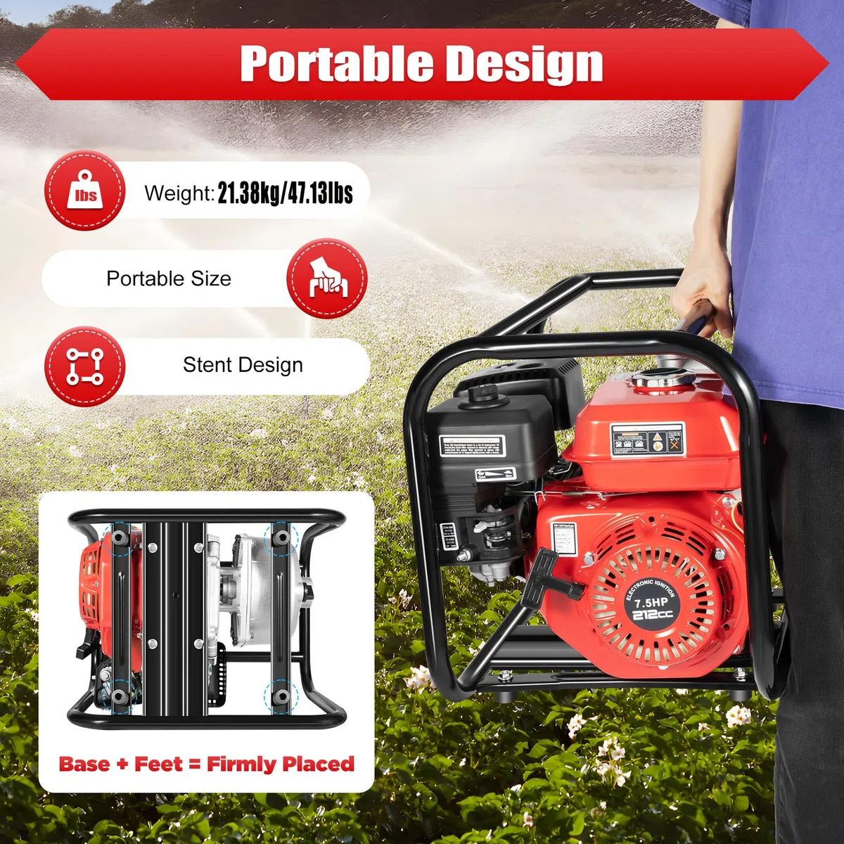 Bomba de agua de gasolina para jardín, 7,5 CV, 35000 l/h y 30 m, altura de aspiración, conexión de 3 pulgadas, bomba de agua sucia con motor de 4 tiempos, arranque por cable, base de metal