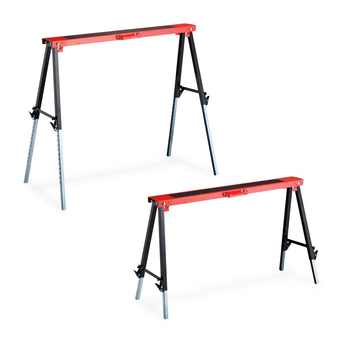Relaxdays Caballete Trabajo, Set de 2, Altura Ajustable 12 Niveles, Carga hasta 150 kg, Plegable, Asa Transporte, Rojo