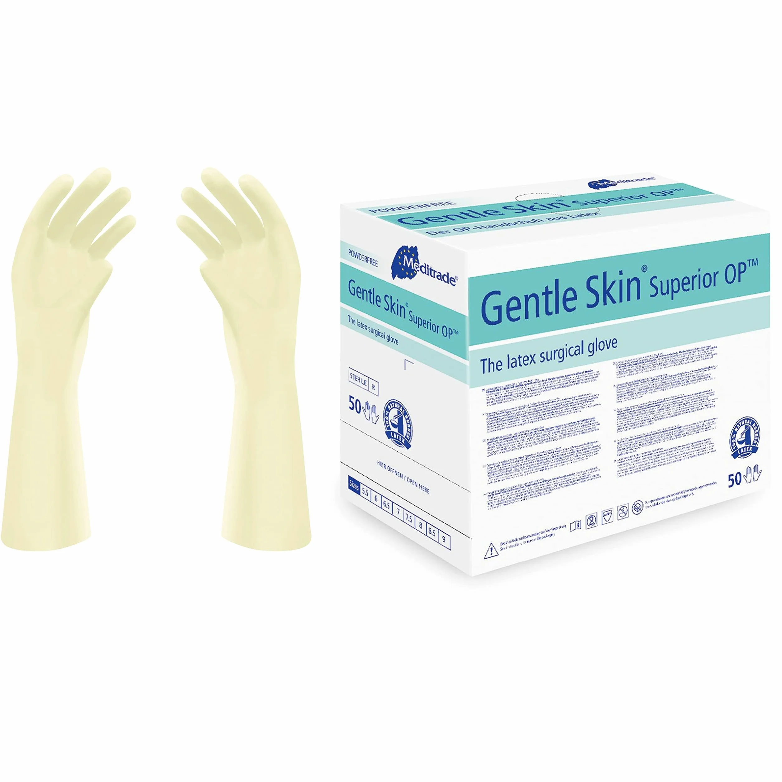 Meditrade Gentle Skin Superior OP - Guantes quirúrgicos - Látex, sin polvo, estériles, desechables - EPP para cirugía y examen médico - Natural - Tamaño 6-50 pares