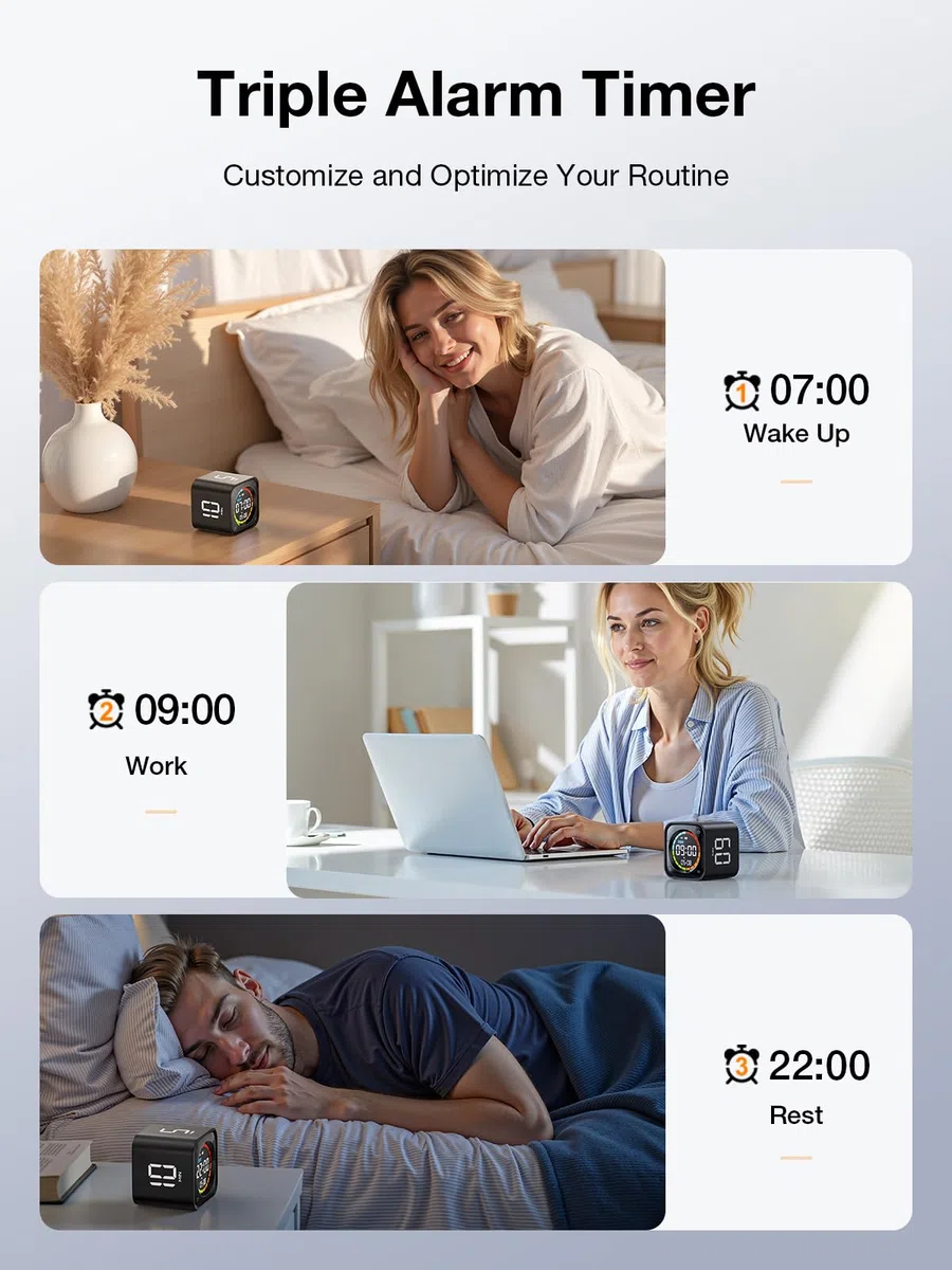 Ticktime TK3 Temporizador Pomodoro con Presets 5/10/30/60 Min, Cuenta Regresiva, Cronómetro y Reloj LED, 3 Alarma, Vibración/Silencio/Sonido, Recargable, para TDAH Oficina Estudios Tareas, Negro