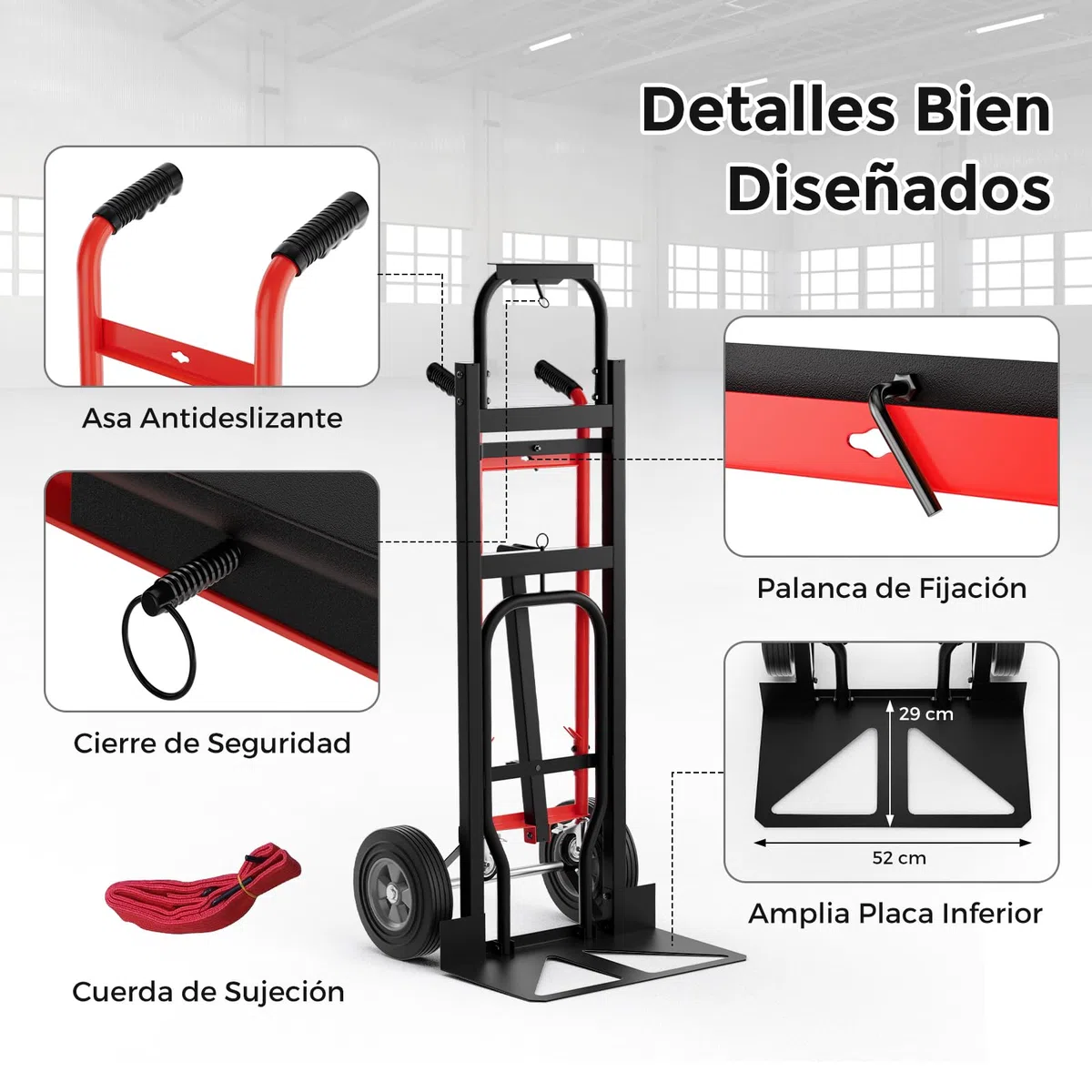 COSTWAY 3 en 1 Carretilla de Mano Plegable, Carretilla de Transporte Convertible con 4 Ruedas de Goma, Cuerda de sujeción, Carretilla de Carga Industrial con Plataforma Plegable, Carga 450 kg (Rojo)
