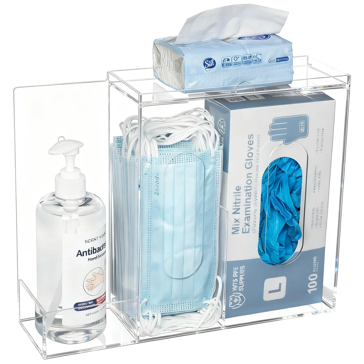 SEANADO Dispensador de mascarillas faciales, 3 compartimentos, soporte para guantes, estación higiénica para mascarillas desechables, escupir, funda para zapatos y redecilla, soporte de pared o