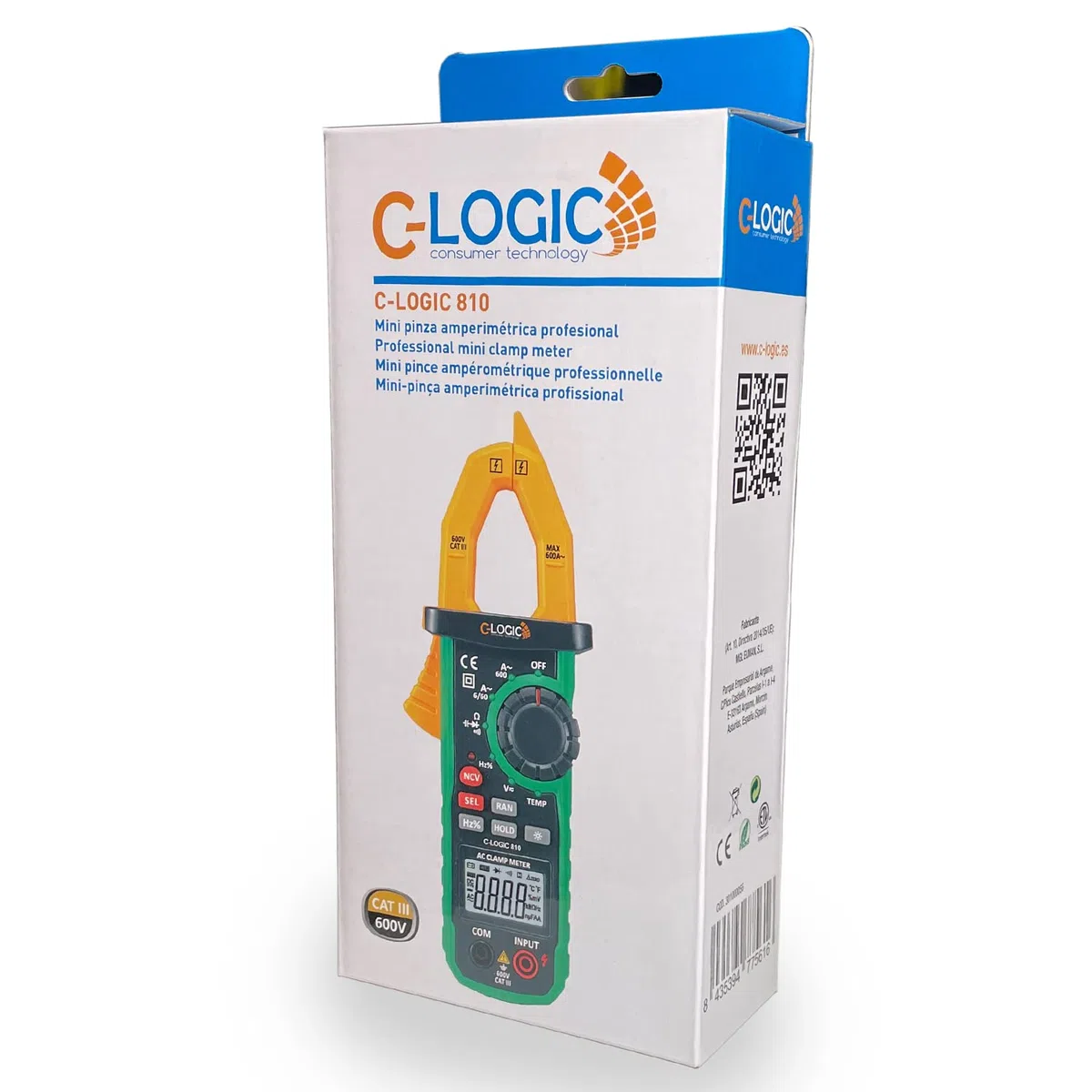 C-LOGIC 810 Pinza Amperimétrica Digital Profesional 6000 Cuentas NCV y Luz de Trabajo Tensión AC/DC 600V Corriente AC 600A Resistencia Capacitancia Frecuencia Temperatura Apertura 26mm. CAT III