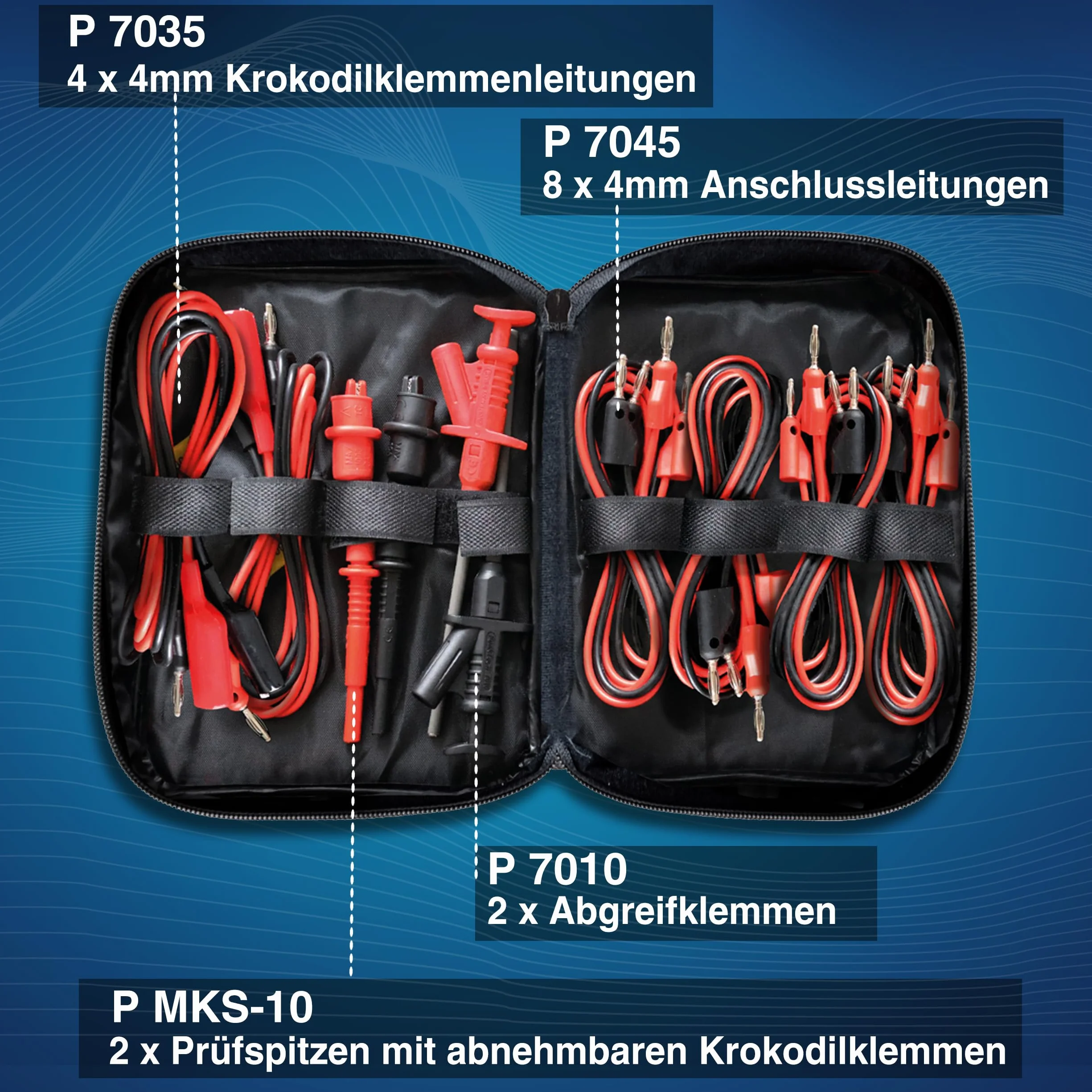 PeakTech, P 8201, Juego de cables de medición de 19 piezas para fuente de alimentación de laboratorio y multímetro, Con puntas de prueba, cable con conector banana, pinzas cocodrilo