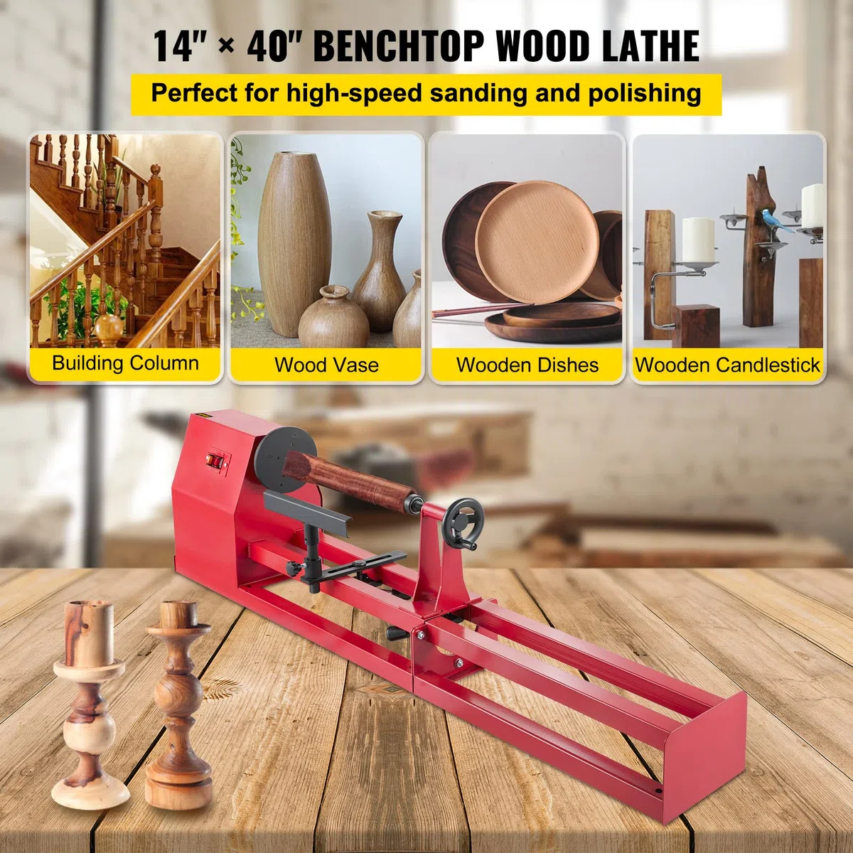 Torno de madera (400 W, 1100 – 3400 rpm, diámetro 350 mm, ancho de jeringa: 1000 mm, disco plano de 140 mm), color rojo