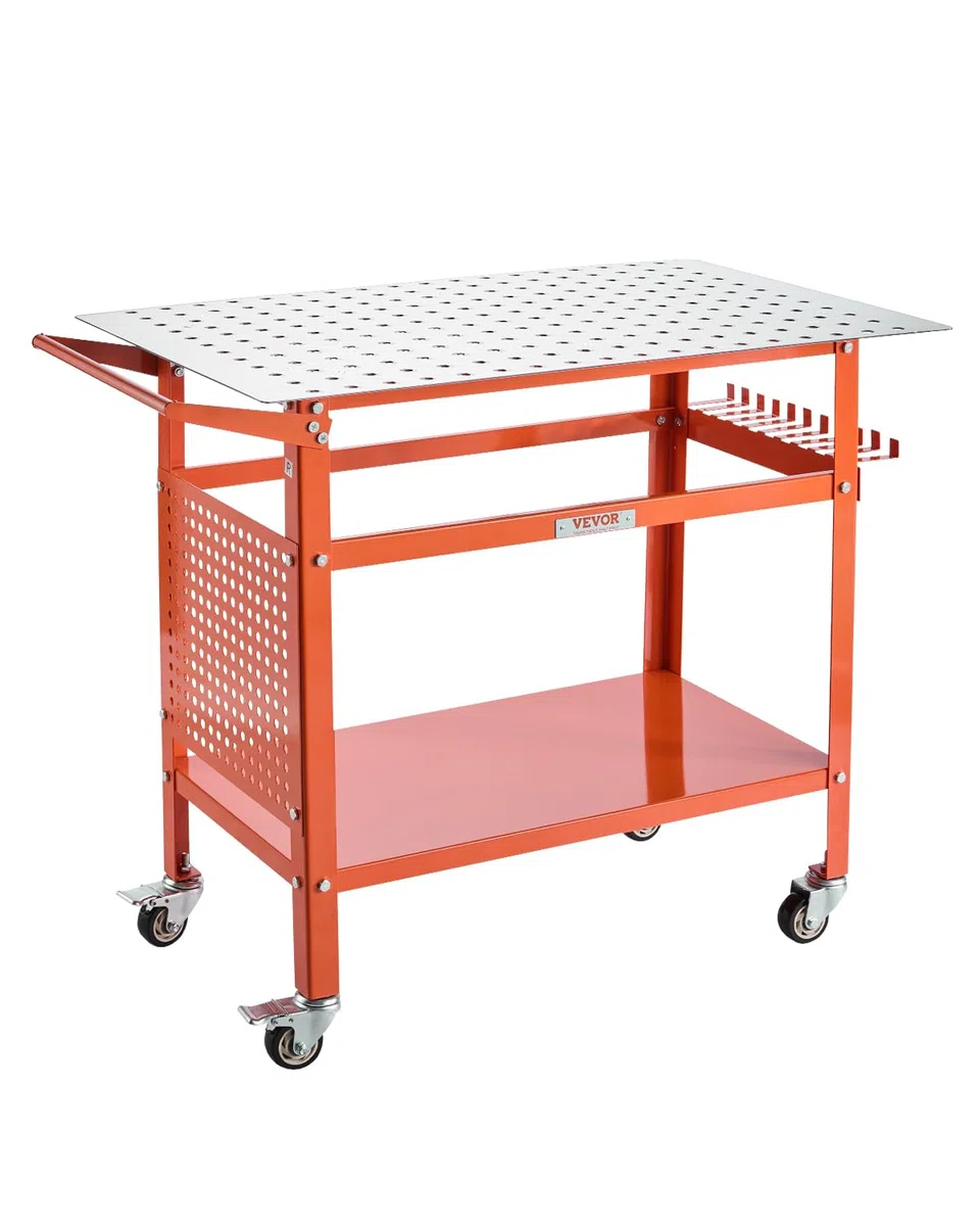 VEVOR Mesa de Soldadura con Capacidad Peso Estático de 362,8 kg, Banco de Trabajo de Acero Móvil con 4 Ruedas(2 con Freno), Tablero de Almacenamiento de Doble Capa y Orificios, 1016 x 609,6 x 914,4 mm