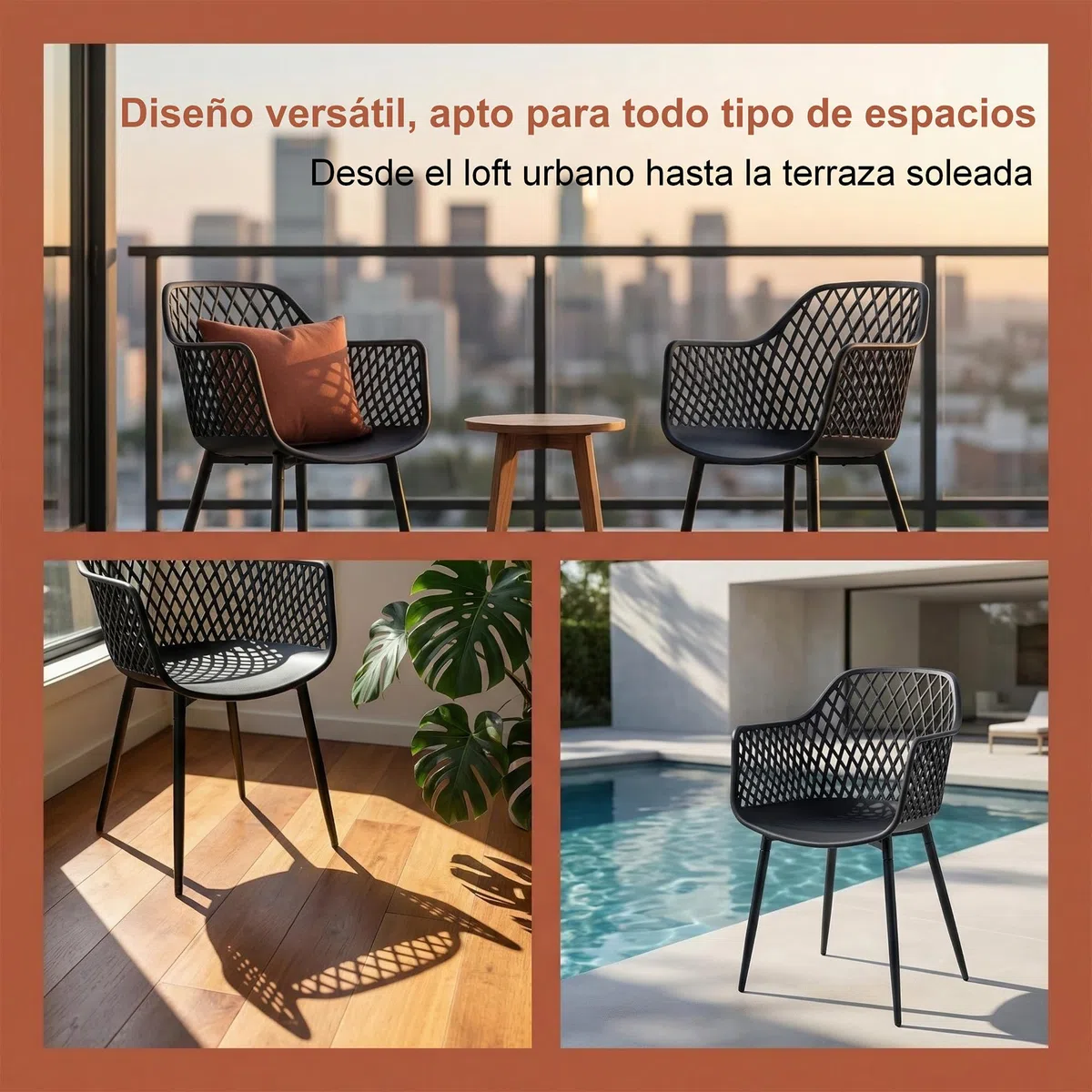 Juego de 6 Sillas de Comedor Modernas de Plástico con Patas de Metal para Patio, Negro