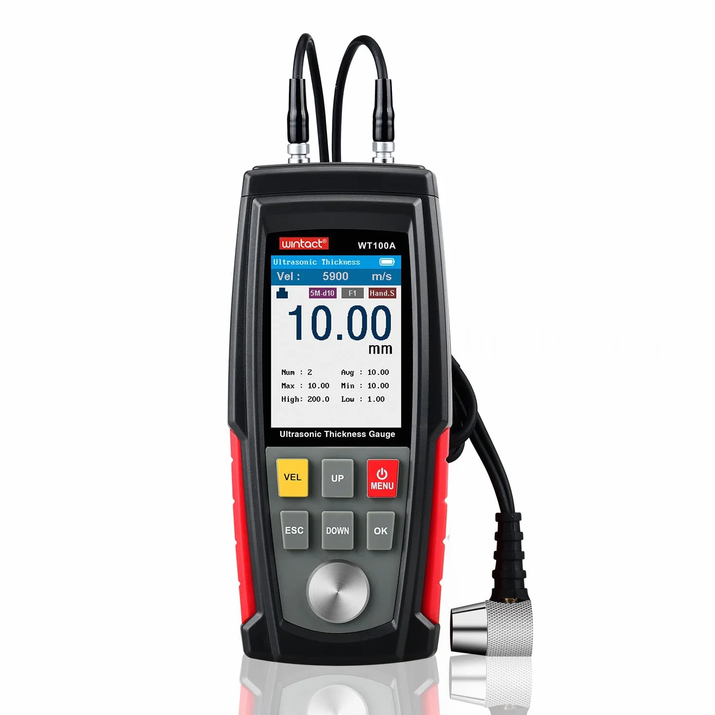 Medidor de espesor ultrasónico digital Wintact, rango de 1.00 a 300mm con sonda para medir materiales metálicos y no metálicos, acero, paredes de cilindros, plástico, vidrio, PVC, tuberías (WT100A)