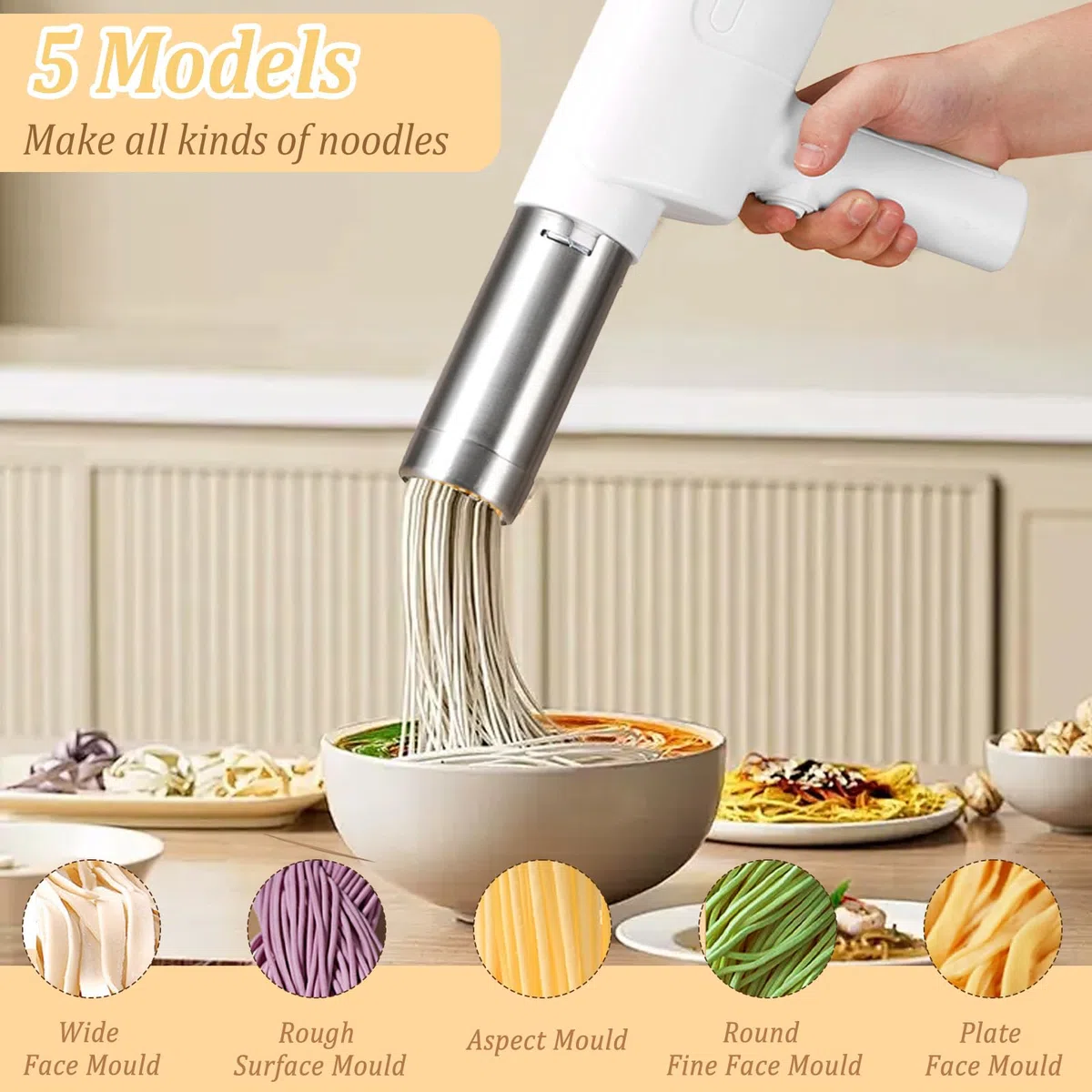 Máquina de pasta eléctrica portátil, 40 W, máquina de pasta eléctrica de mano, con 5 formas de pasta, recargable, máquina de pasta de acero inoxidable para espaguetis, fettuccine