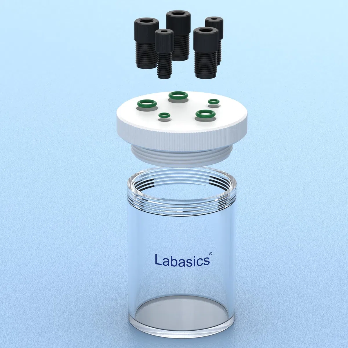 Labasics Celda Electrolítica, Celda Electroquímica Sellada de Borosilicato de Cámara Única con Kit de Reactor Electrolizador Y Tapa de PTFE de 5 Orificios, 100 ml