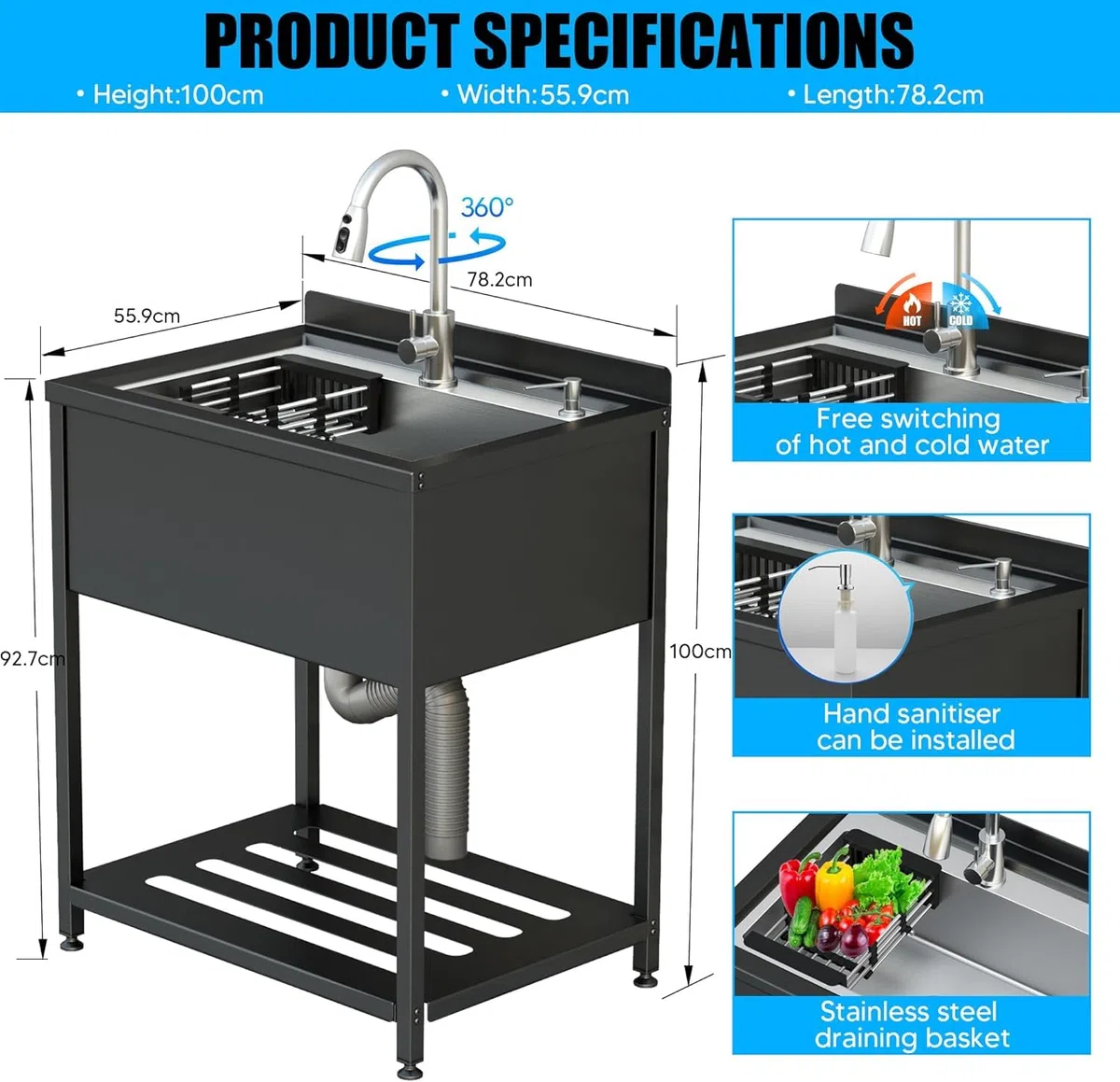 Fregadero de acero inoxidable de cocina, 1 bandeja profesional, 78 x 56 x 100 cm, independiente con grifo y accesorios, fregadero exterior e interior, inmersión de acero inoxidable para cocina