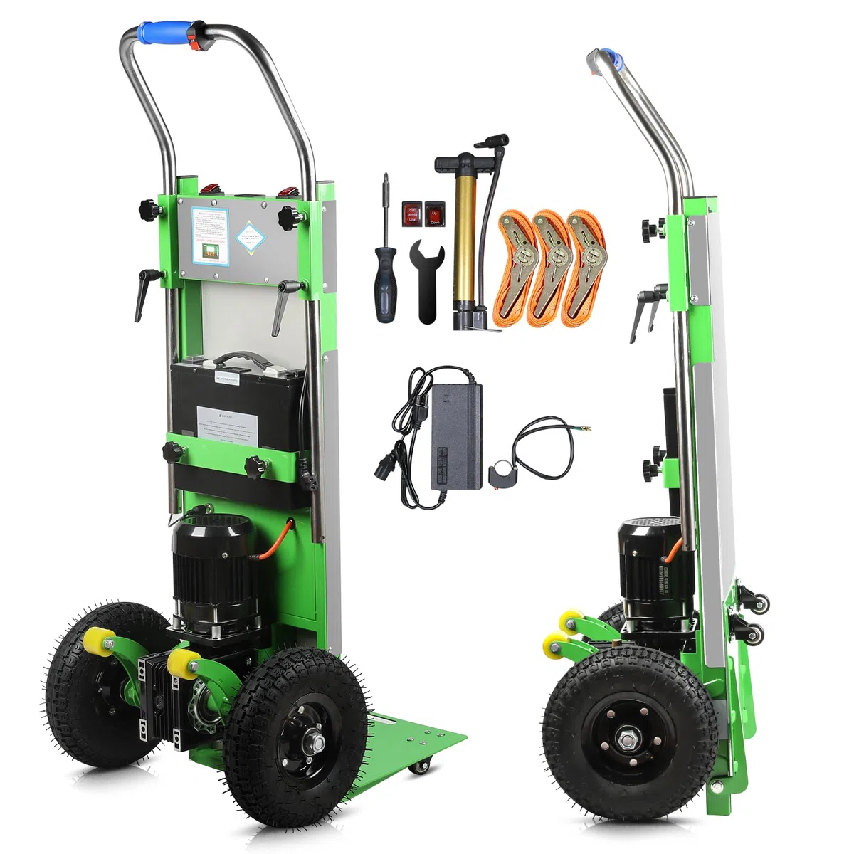 Afitdon - Carretilla eléctrica (1250 W, capacidad de carga de 408 kg, para escaleras y bajadas, con cuerda de seguridad y bomba de aire, color verde