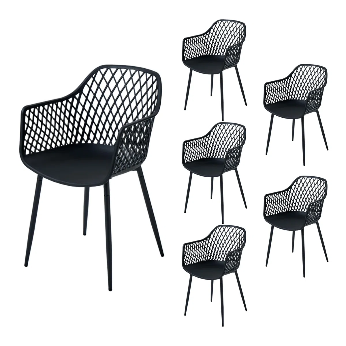Juego de 6 Sillas de Comedor Modernas de Plástico con Patas de Metal para Patio, Negro