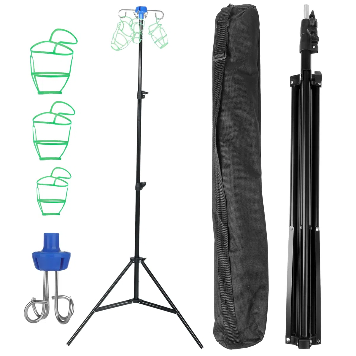 Soporte de poste IV con 4 ganchos y 3 bolsas de red, soporte retráctil para bolsa de goteo intravenosa, trípode plegable, soporte móvil portátil para botellas de goteo para cuidado del hogar