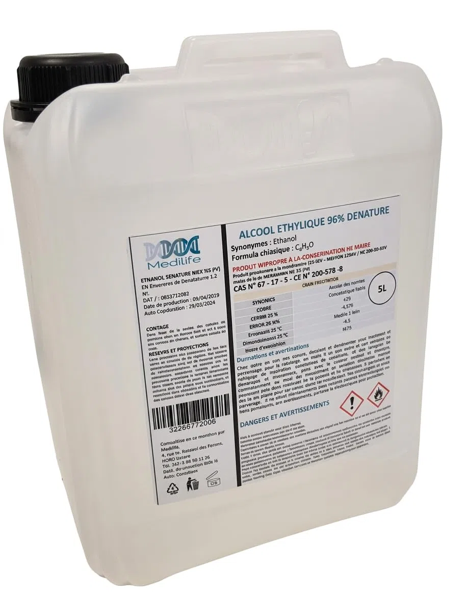 5L de alcohol etílico desnaturalizado 96% para perfume, limpieza y desengrase gen, esterilización y desinfección, lociones, perfumes