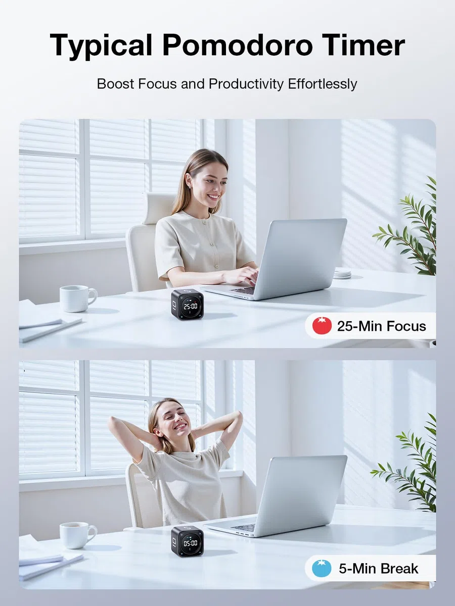 Ticktime TK3 Temporizador Pomodoro con Presets 5/10/30/60 Min, Cuenta Regresiva, Cronómetro y Reloj LED, 3 Alarma, Vibración/Silencio/Sonido, Recargable, para TDAH Oficina Estudios Tareas, Negro