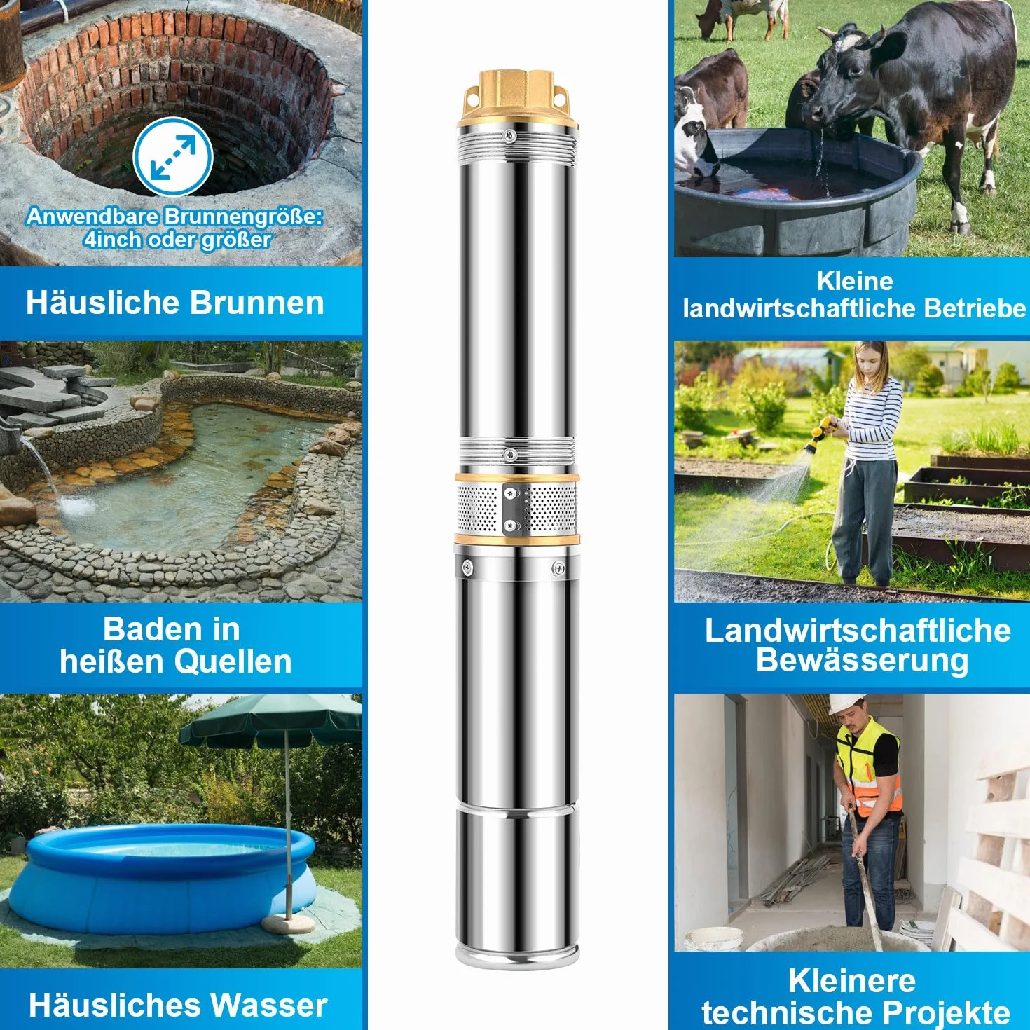 Bomba de pozo profundo 1100 W, 4000 l/h, bomba de pozo 939 mm, bomba de agua de acero inoxidable presión 8,1 bar, altura máxima de extracción 81 m, máx. 35 °C