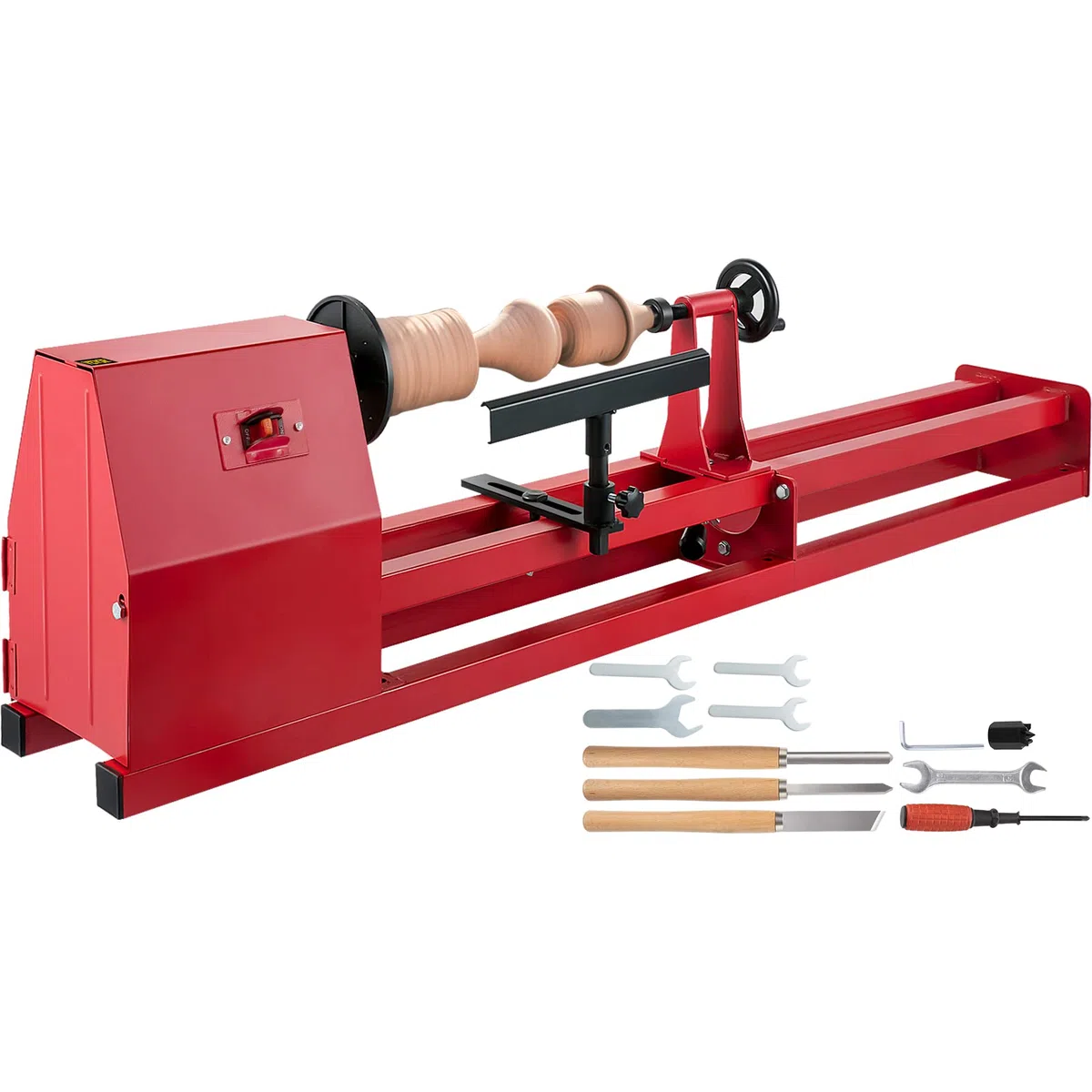 Torno de madera (400 W, 1100 – 3400 rpm, diámetro 350 mm, ancho de jeringa: 1000 mm, disco plano de 140 mm), color rojo