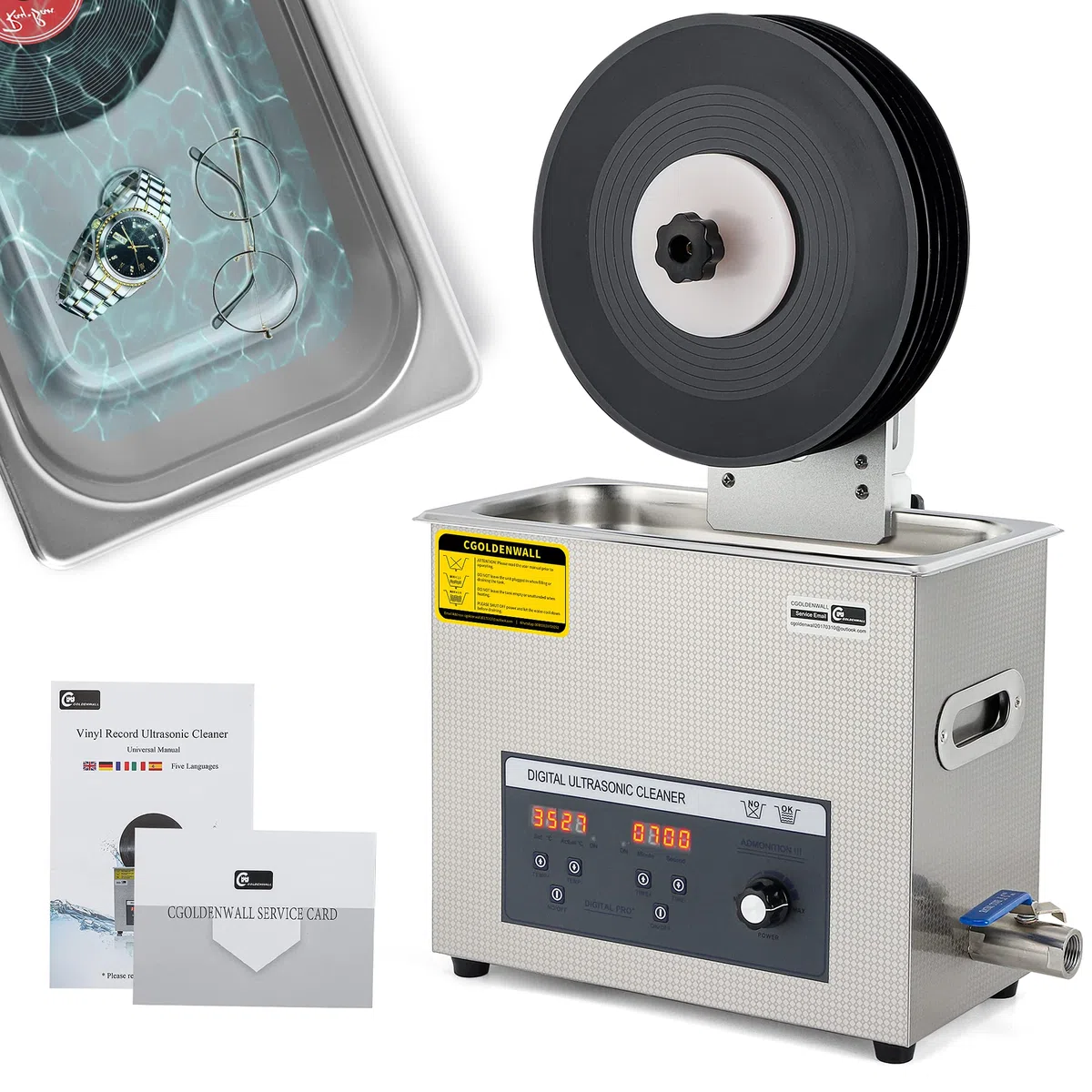Limpiador Ultrasónico 6L para Discos de Vinilo Máx. 6 Discos para Discos de 7/10/12" Potencia Regulable de 70 a 180 W - Temporizador de 0 a 30 Minutos - Función de Rotación y Calentamiento Automáticos