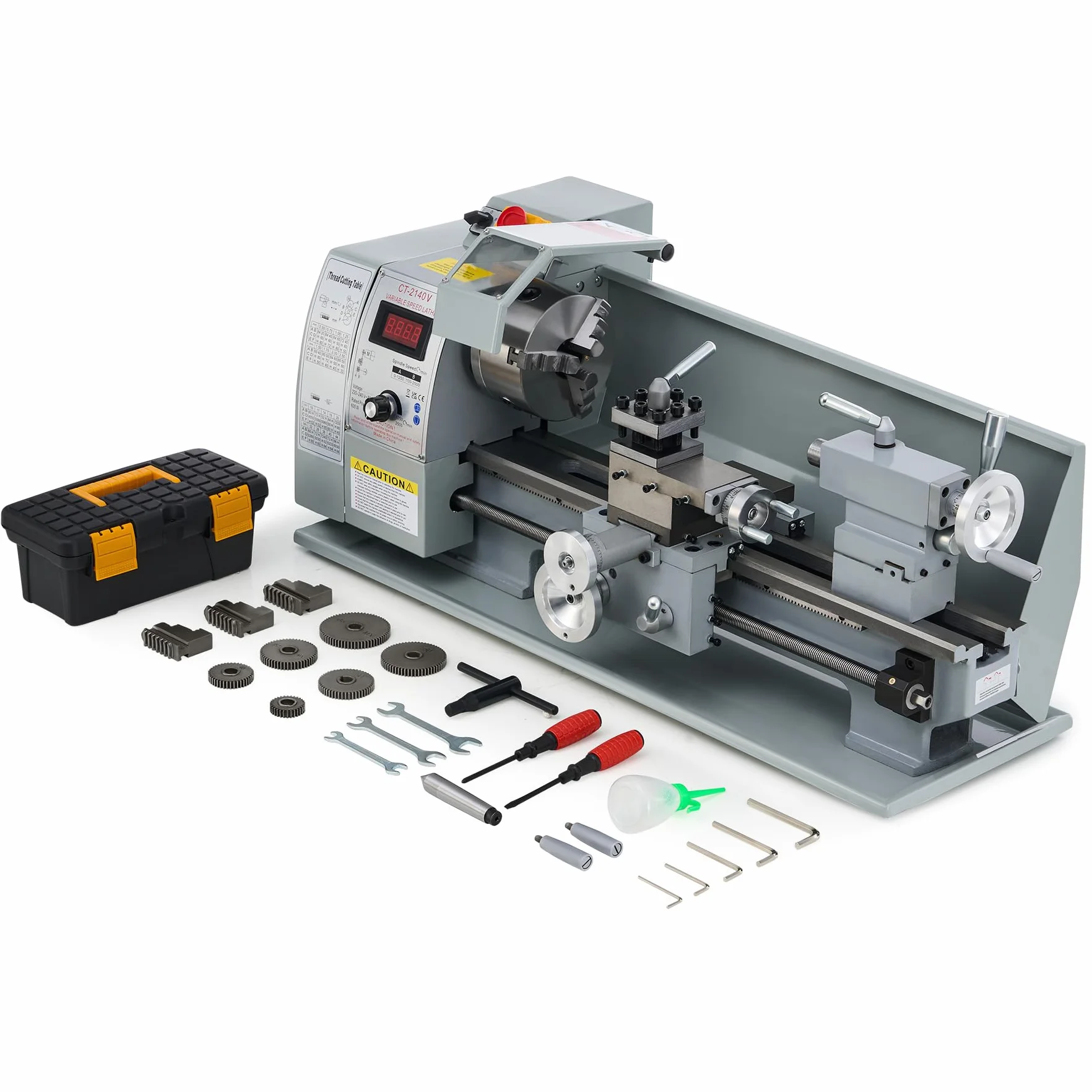 CREWORKS Mini Torno de Metal 210x400mm 750W con Pantalla Digital Torno para Metal de Sobremesa con Velocidad 2500RPM Torno de Metal para Torneado de Metales (210X400MM)