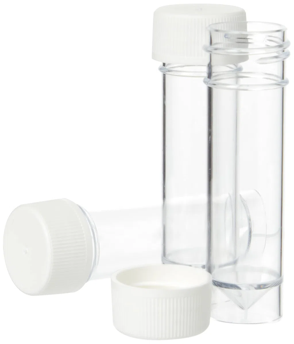 KING SCIENTIFIC 100 recipientes universales de poliestireno sin etiqueta de 30 ml para muestras de orina u otros usos domésticos, tapa de rosca blanca