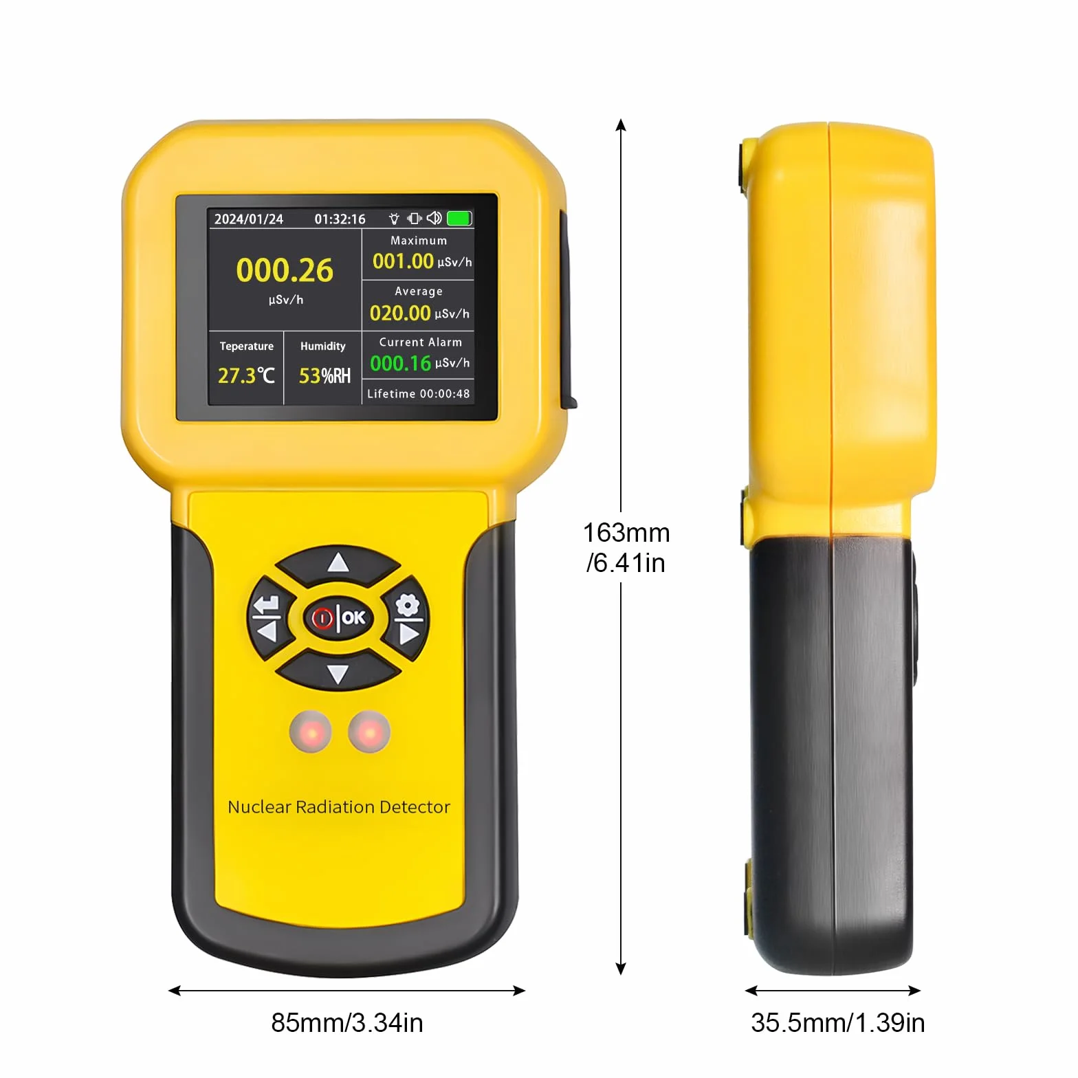 Contador Geiger, Detector de Radiación Nuclear con Pantalla LCD Detector Radioactivo Detecta Beta Gamma Rayos X Nivel CPM c/Alarma, Monitor de Radiación Recargable（Amarillo）