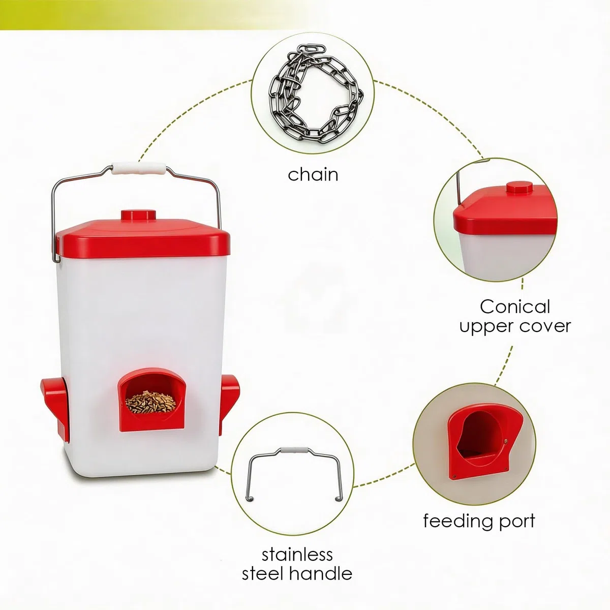 Set Comedero y Bebedero Automático para Gallinas en Blanco y Rojo, Comedero Gallinas Anti Ratas con Manguera de Riego y Kit Completo de Accesorios de Montaje