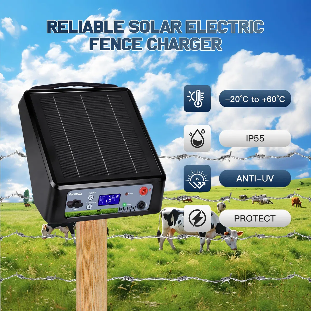 Pastor Eléctrico Solar 32km con Batería de Litio, Salida Ajustable 6-12KV 0.3-2J, Panel 6W & Batería 18Ah(18000mAh), IP55 Resistente para Caballos, Ganado, Jabalíes