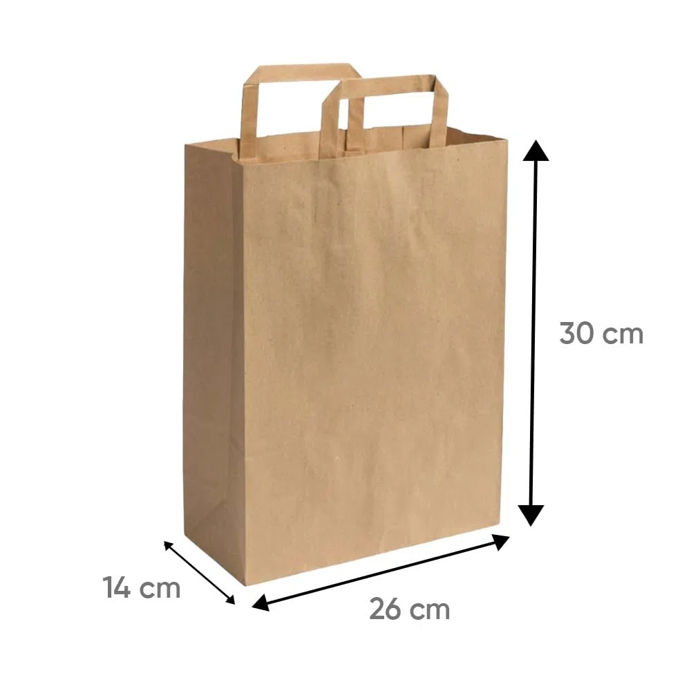 250 bolsas papel kraft 26x14x30 cm color marrón asas planas