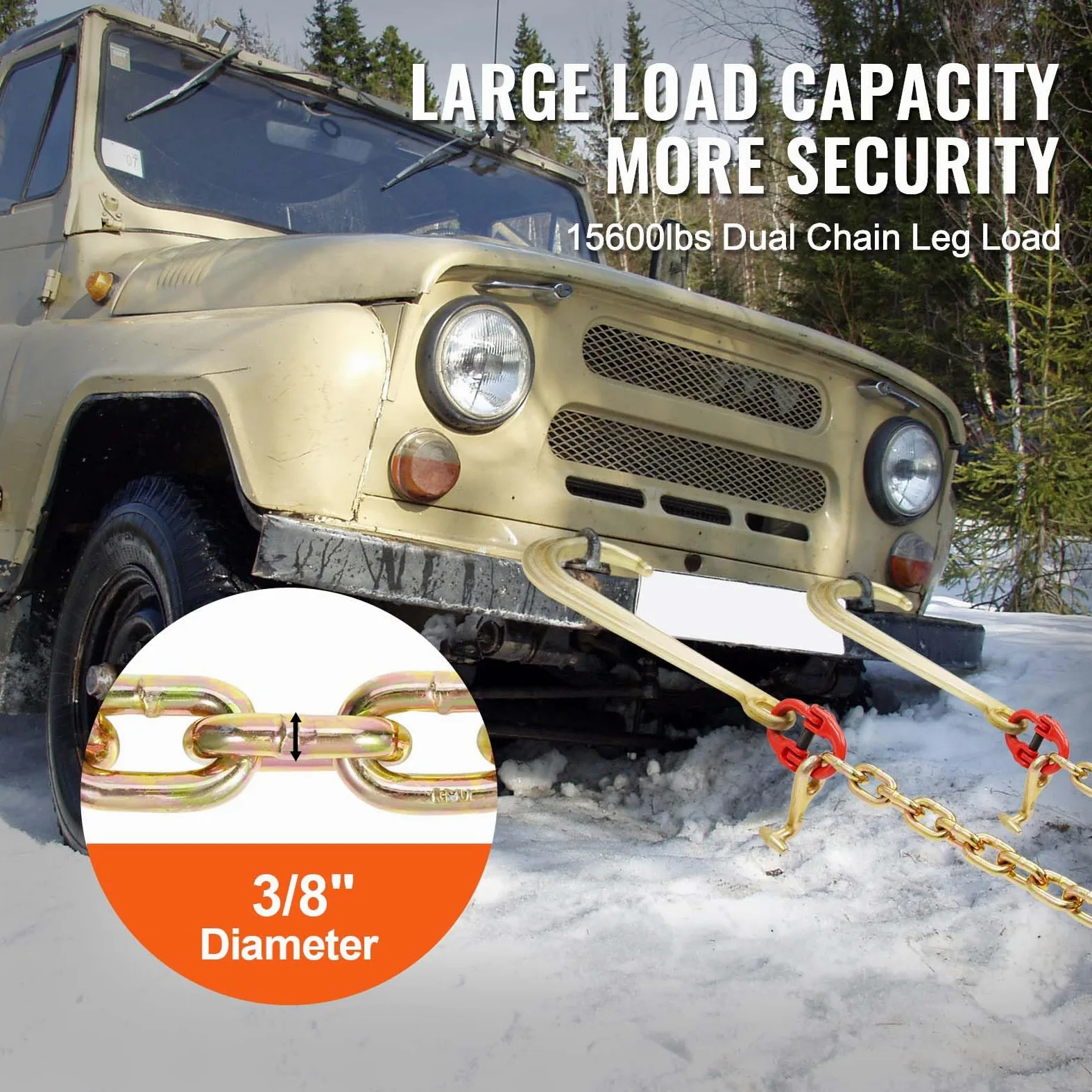 VEVOR JT Cadena de remolque con gancho, capacidad de carga 7074 kg, cadena de brida en V para remolque G80 con gancho de agarre, 10 mm x 60 cm, para averías, transporte, grúa, camión de plataforma