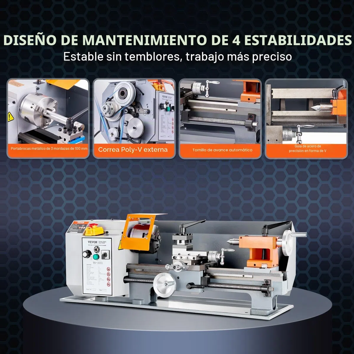 VEVOR Torno de Metal de Precisión 7" x 14" Mesa de Torno de Metal 500 W Velocidad Variable Continua 0-2200 rpm Motor de Cepillo de Metal Caja de Herramientas para Mecanizado de Piezas de Precisión