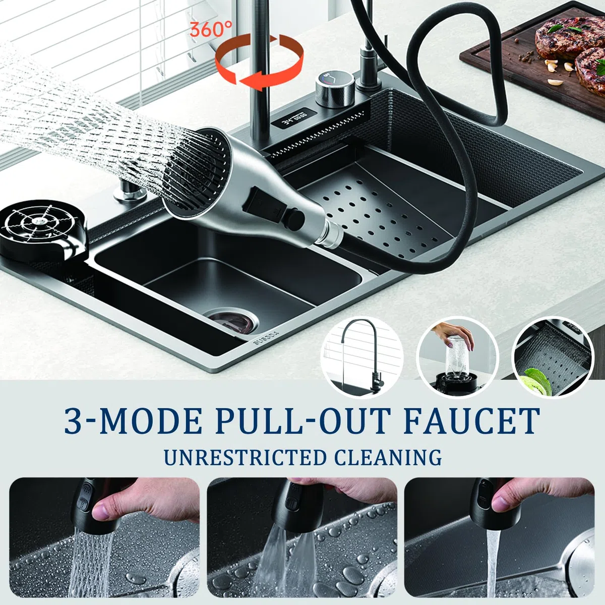 Fregadero de Cocina de 75x45cm, Moderno fregadero en cascada 1 seno, lavadero cocina en acero inoxidable, Fregadero Multifuncional con Grifo, Escurridor, Sifón y Kit de Rebosadero
