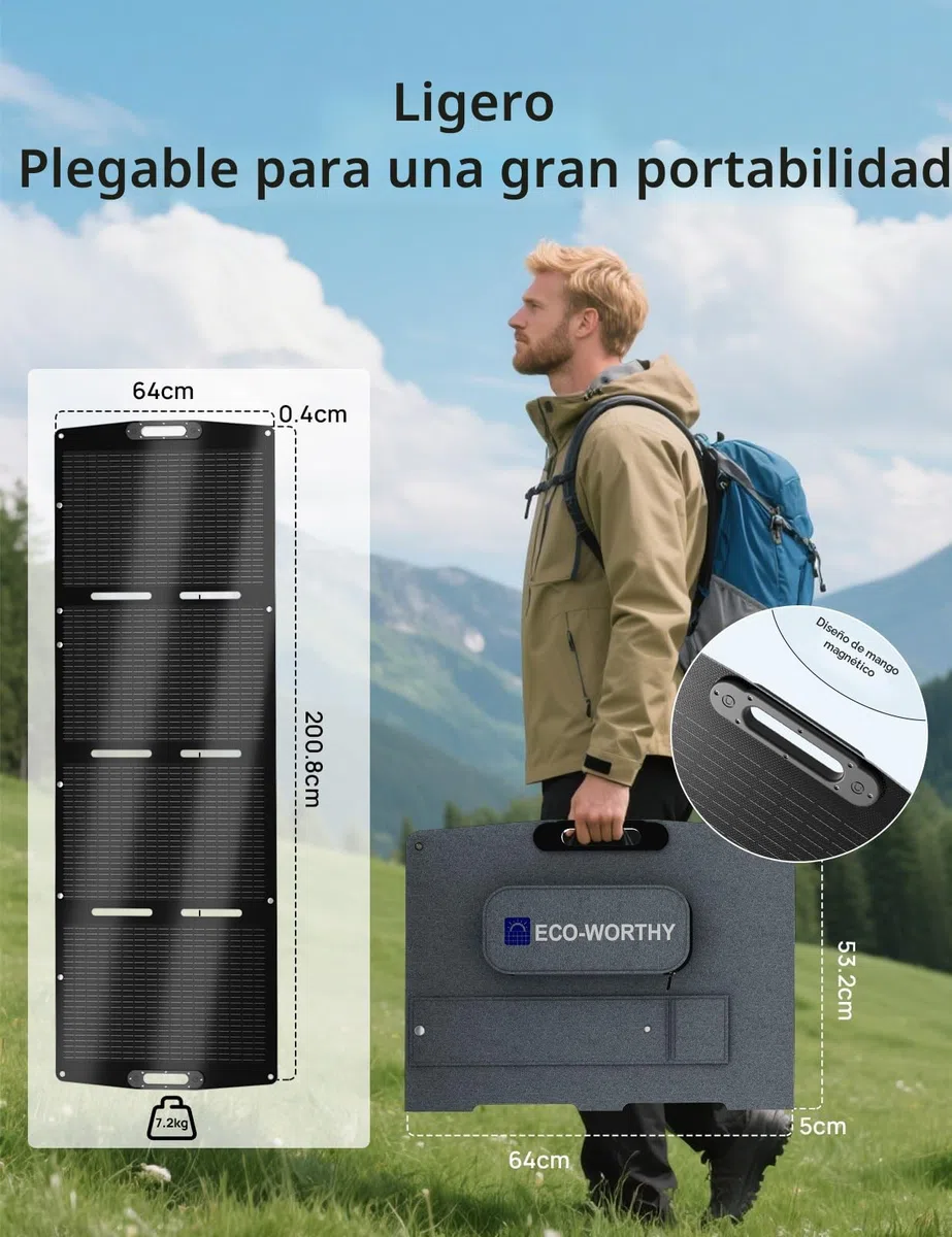 ECO-WORTHY Panel Solar Portatil 200W, ETFE, Monocristalino, Eficiencia 23%, XT60, Soporte