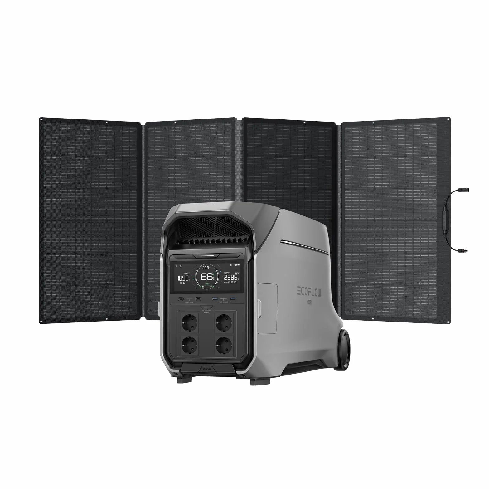 Estación eléctrica portátil EF EcoFlow DELTA Pro 3 con panel solar de 400 W, batería LFP de 4096 Wh, capacidad extensible hasta 12 kWh, 4000 W de potencia de salida de CA, generador solar