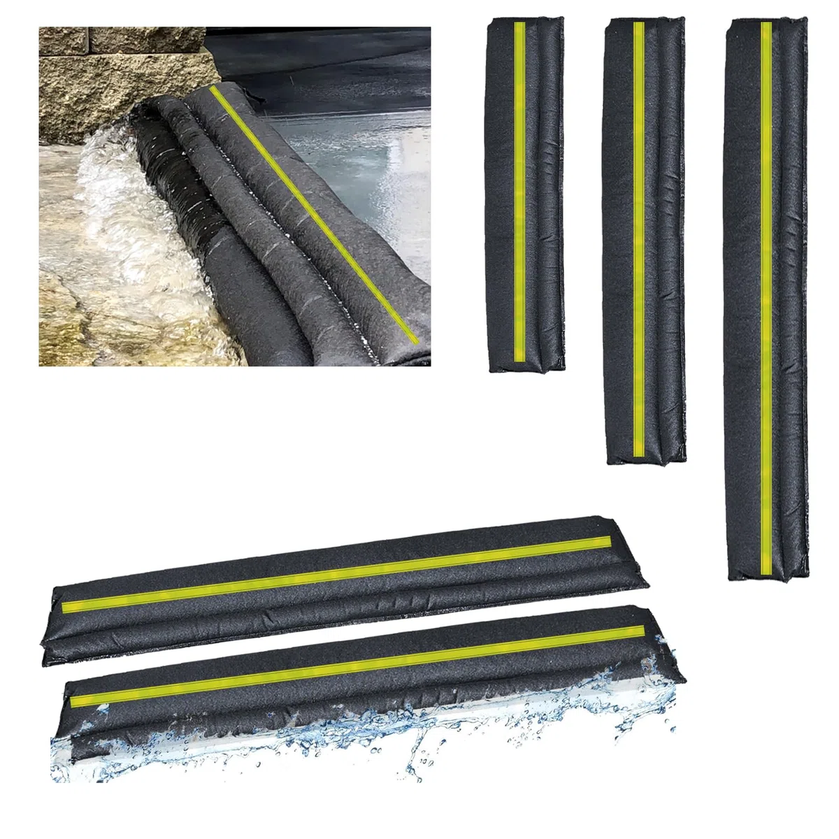 Bolsa de arena sin arena activada por agua para control de inundaciones, 4 bolsas de inundación de 5 x 8 pulgadas con tiras reflectantes, barrera de inundación para el hogar, tienda, garaje,