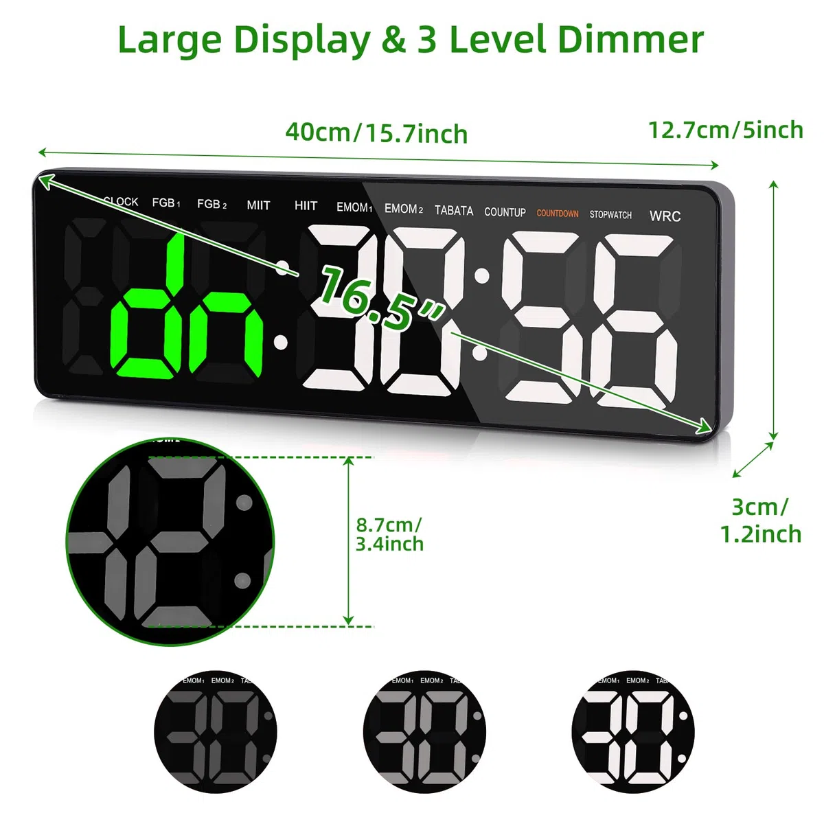 Temporizador de Gimnasio,Temporizador de Intervalo Fitnes LED, 16.5'' Grande Reloj de Pared Digital con Countdown/UP Cronómetro, Gym Timer de Intervalos con Control Remoto para Casa Garaje