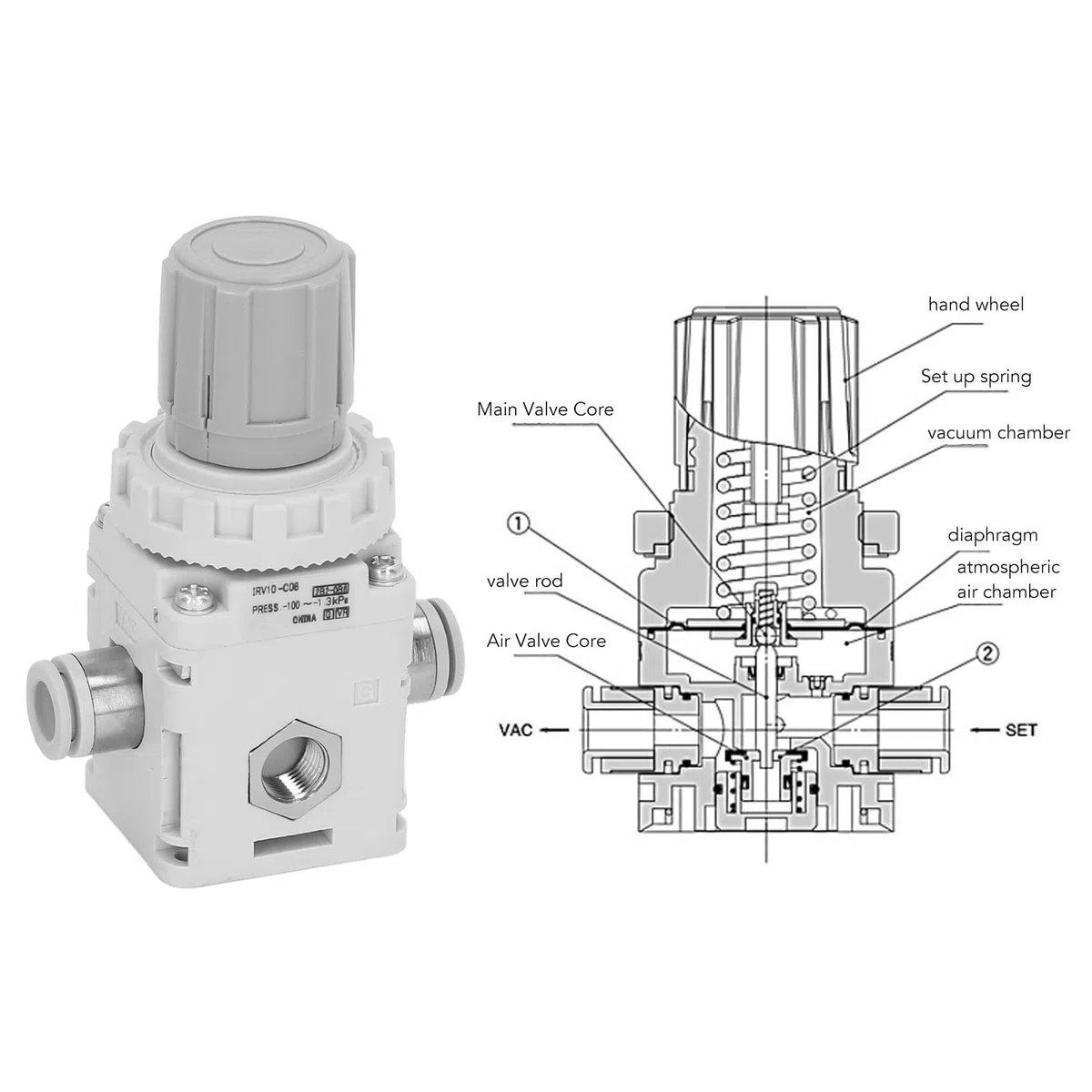 Regulador de Presión de Aire con Dial de Presión, Manómetro Regulador de Presión de Vacío Neumático con Autobloqueo, Rango de Presión de Funcionamiento de -100 a -1,3 Kpa